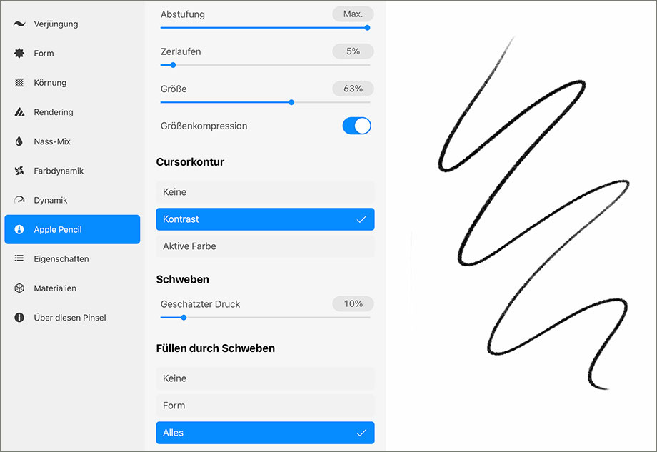 Unter Aplle Pencil machst du deine Einstellungen zum Cursor.