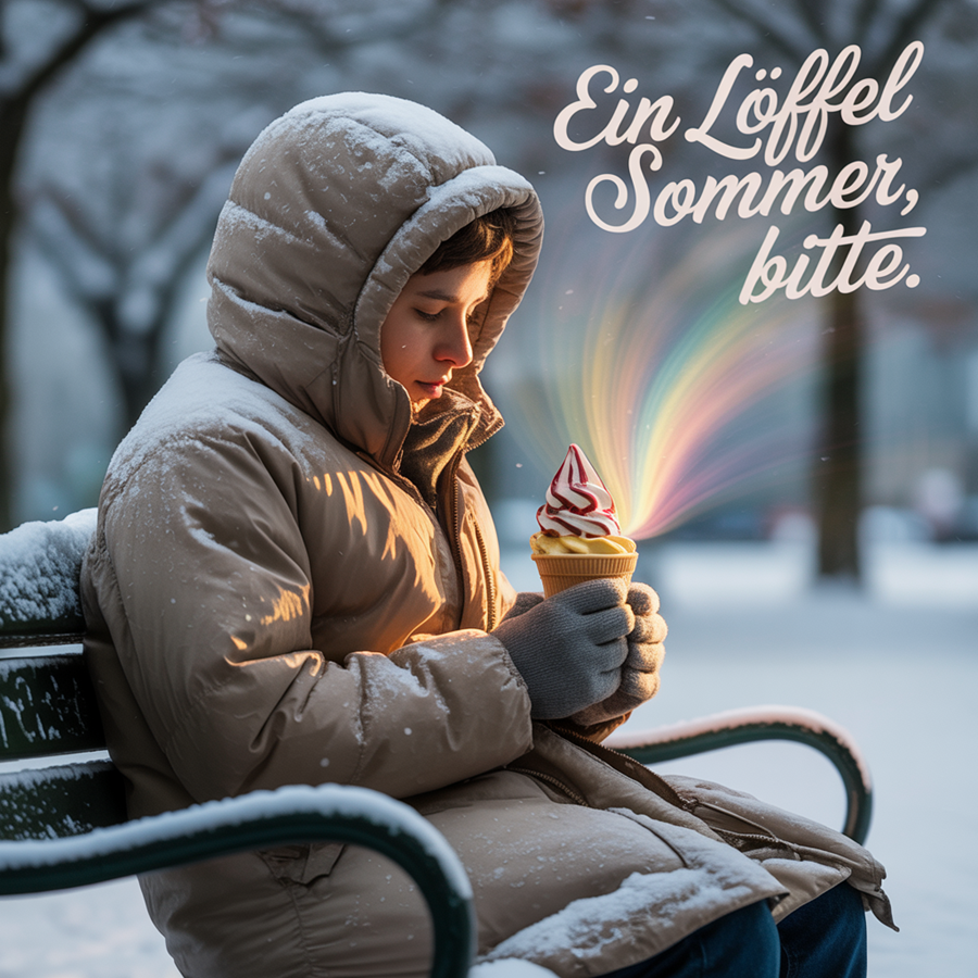 Erster Entwurf: Person in Wintermantel mit Eis