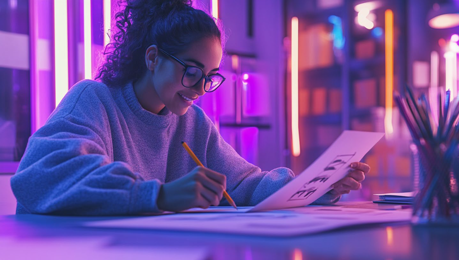 Frau an Schreibtisch: Mit Midjourney generiertes Bild