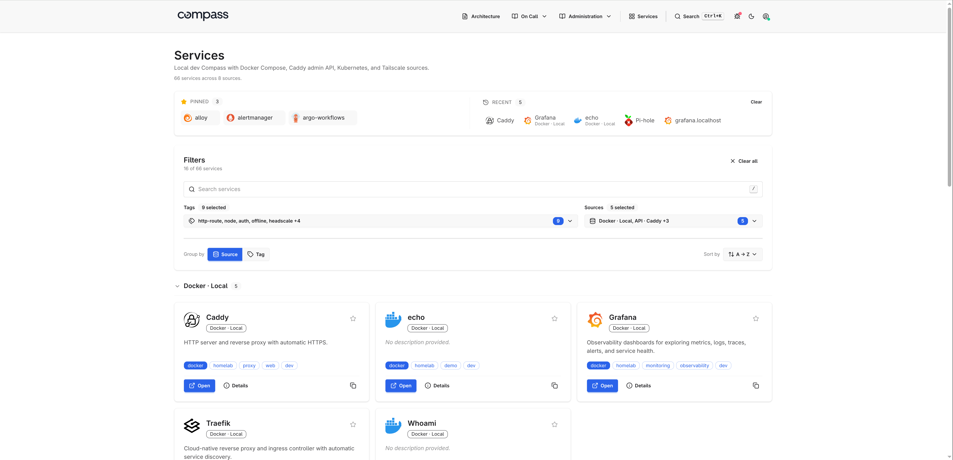 Kubernetes, Docker, and Tailscale service discovery dashboard with Compass