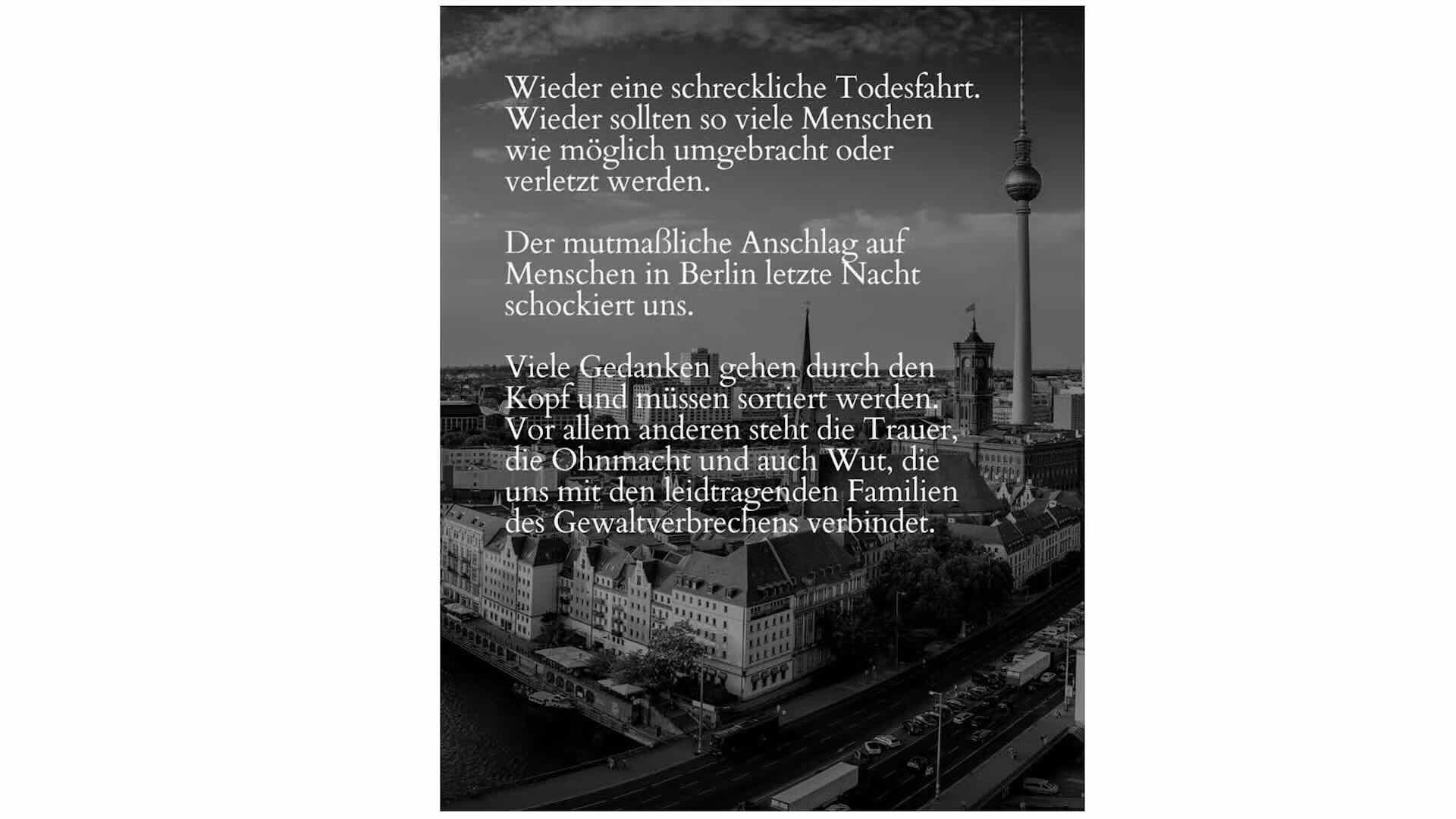 Berlino. Messaggio di cordoglio dopo l’attentato