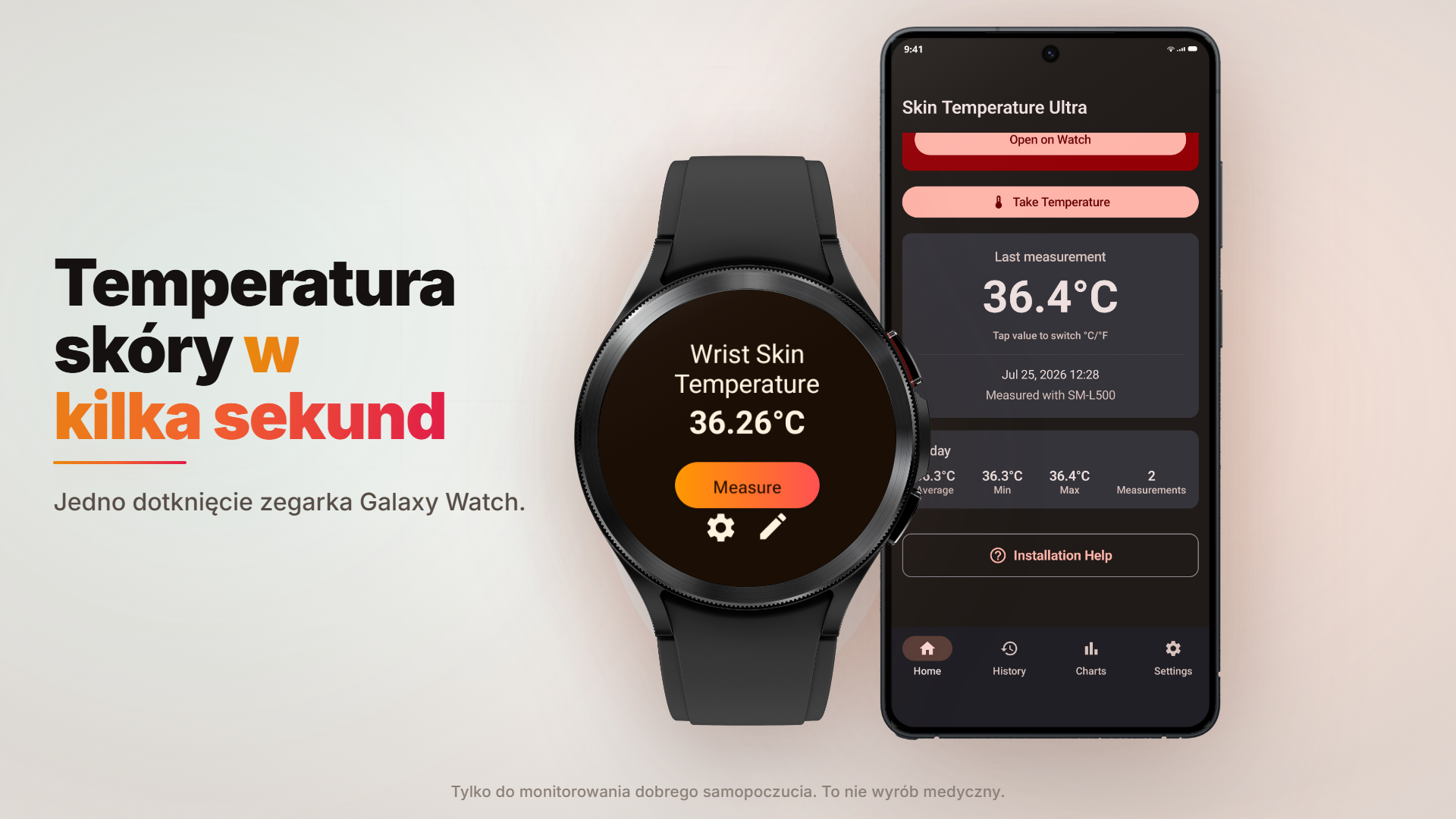 Oficjalna grafika Body Temperature - Thermometer z odczytem temperatury skóry nadgarstka na zgodnym Galaxy Watch i ekranem aplikacji na telefonie