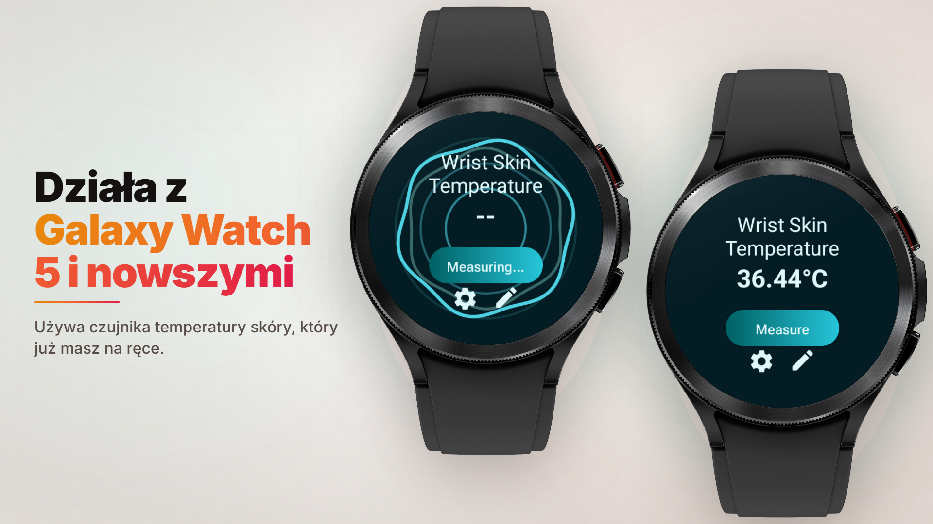 Oficjalna grafika Body Temperature - Thermometer pokazująca pomiar i wynik temperatury skóry nadgarstka na zgodnym Galaxy Watch