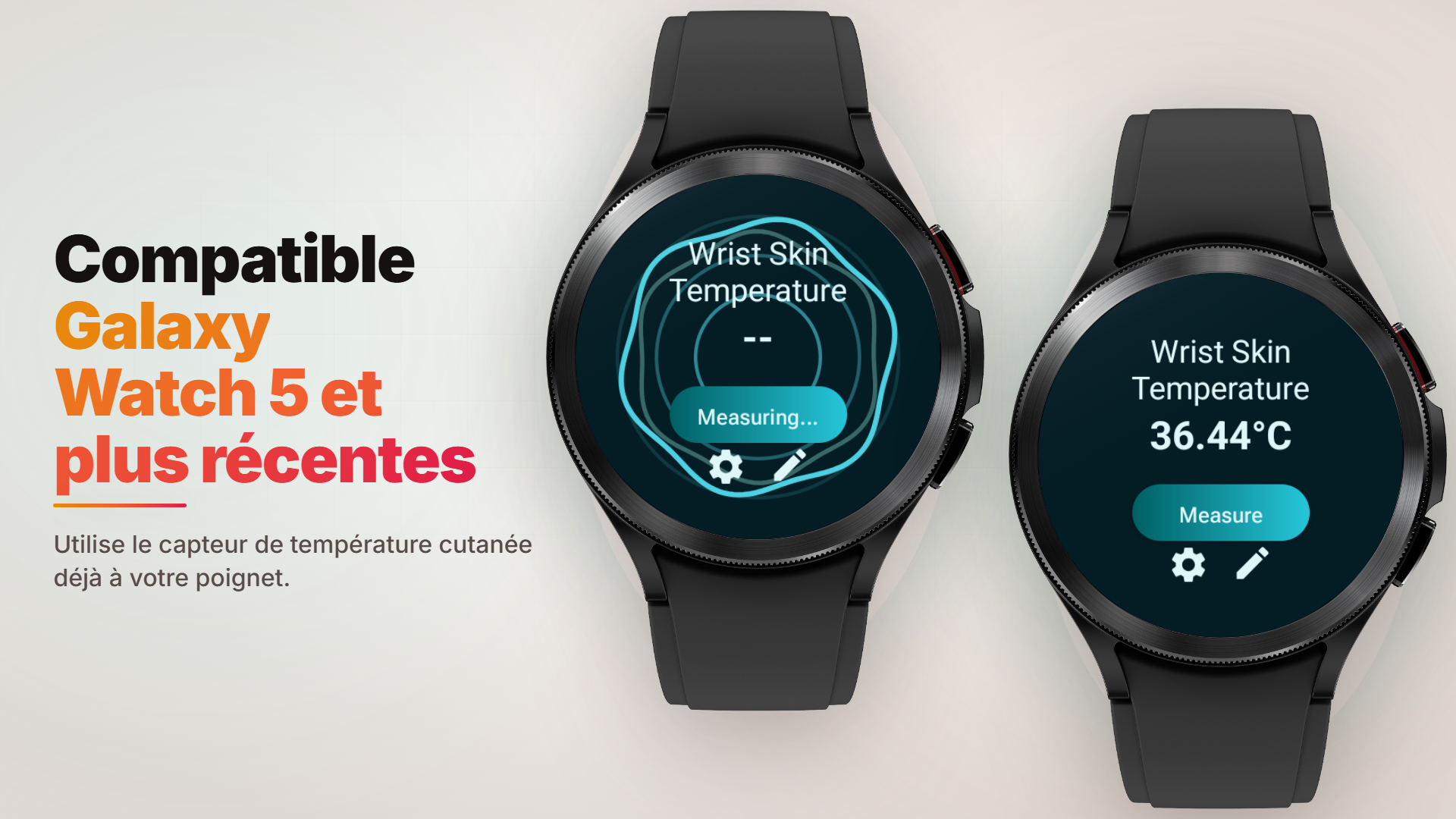 Image officielle de Body Temperature - Thermometer montrant la mesure puis le résultat de température cutanée du poignet sur une Galaxy Watch compatible
