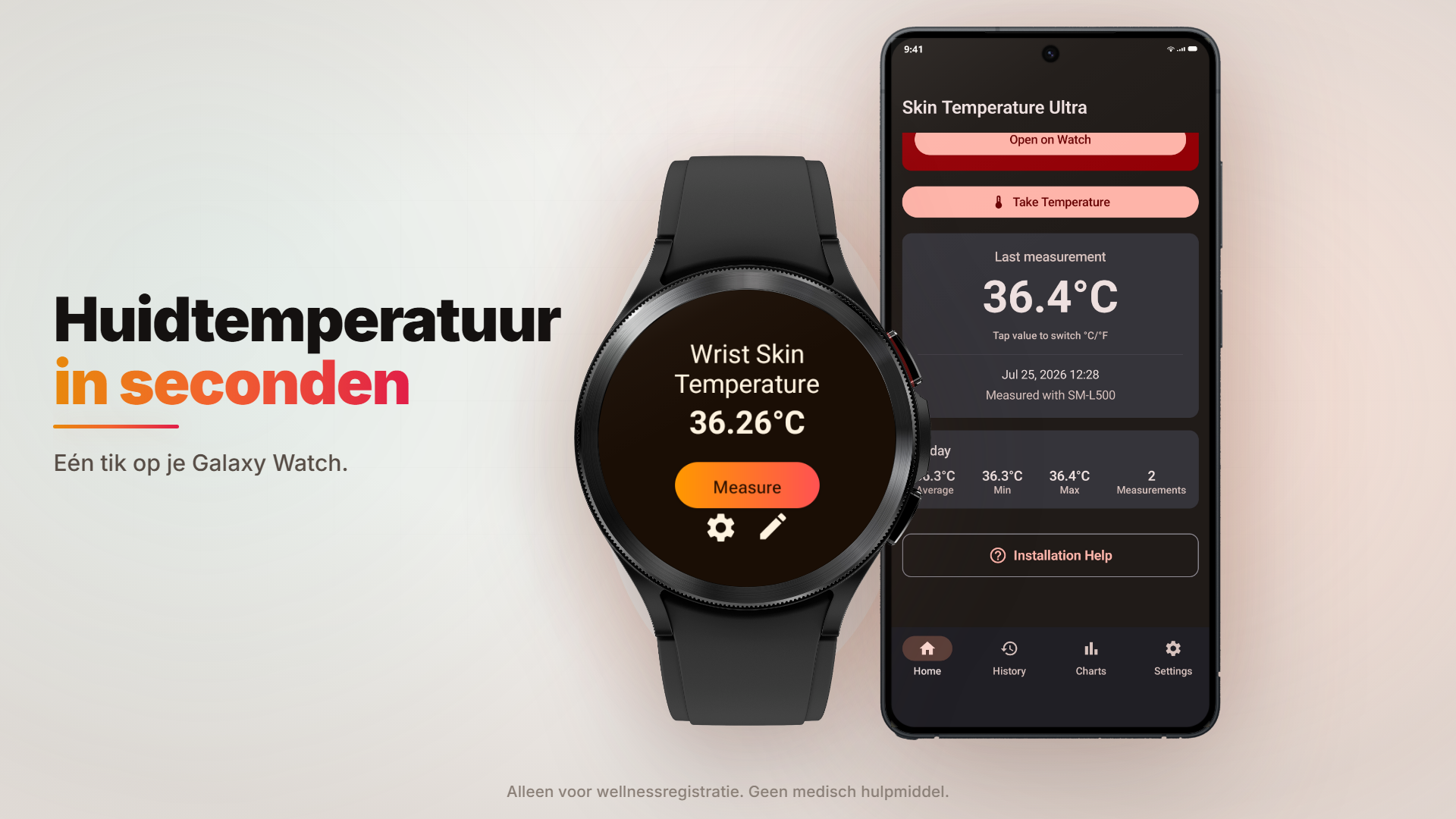 Welke app meet de huidtemperatuur van je pols op een Galaxy Watch?