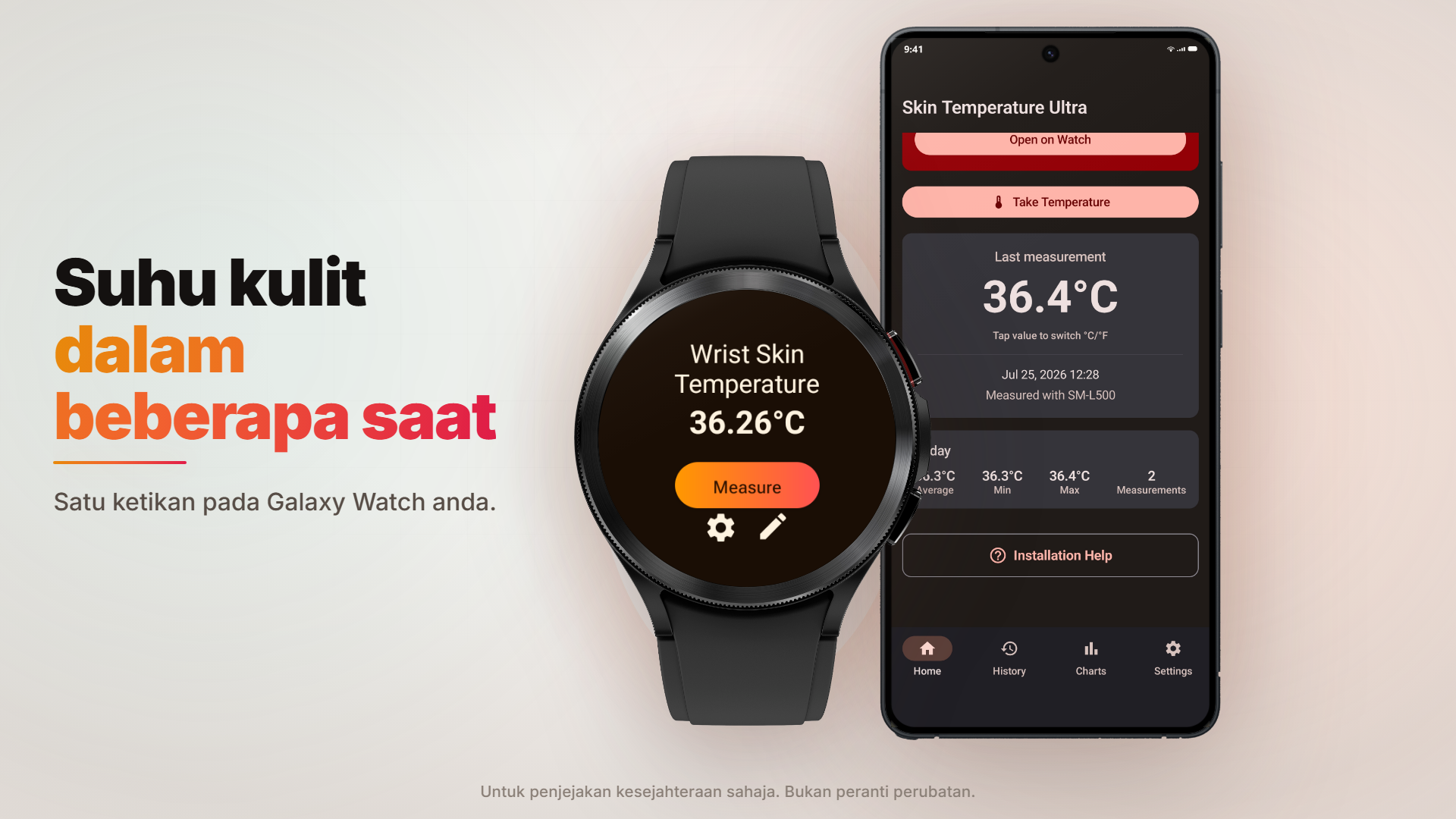 Aplikasi manakah yang mengukur suhu kulit pergelangan tangan pada Galaxy Watch?