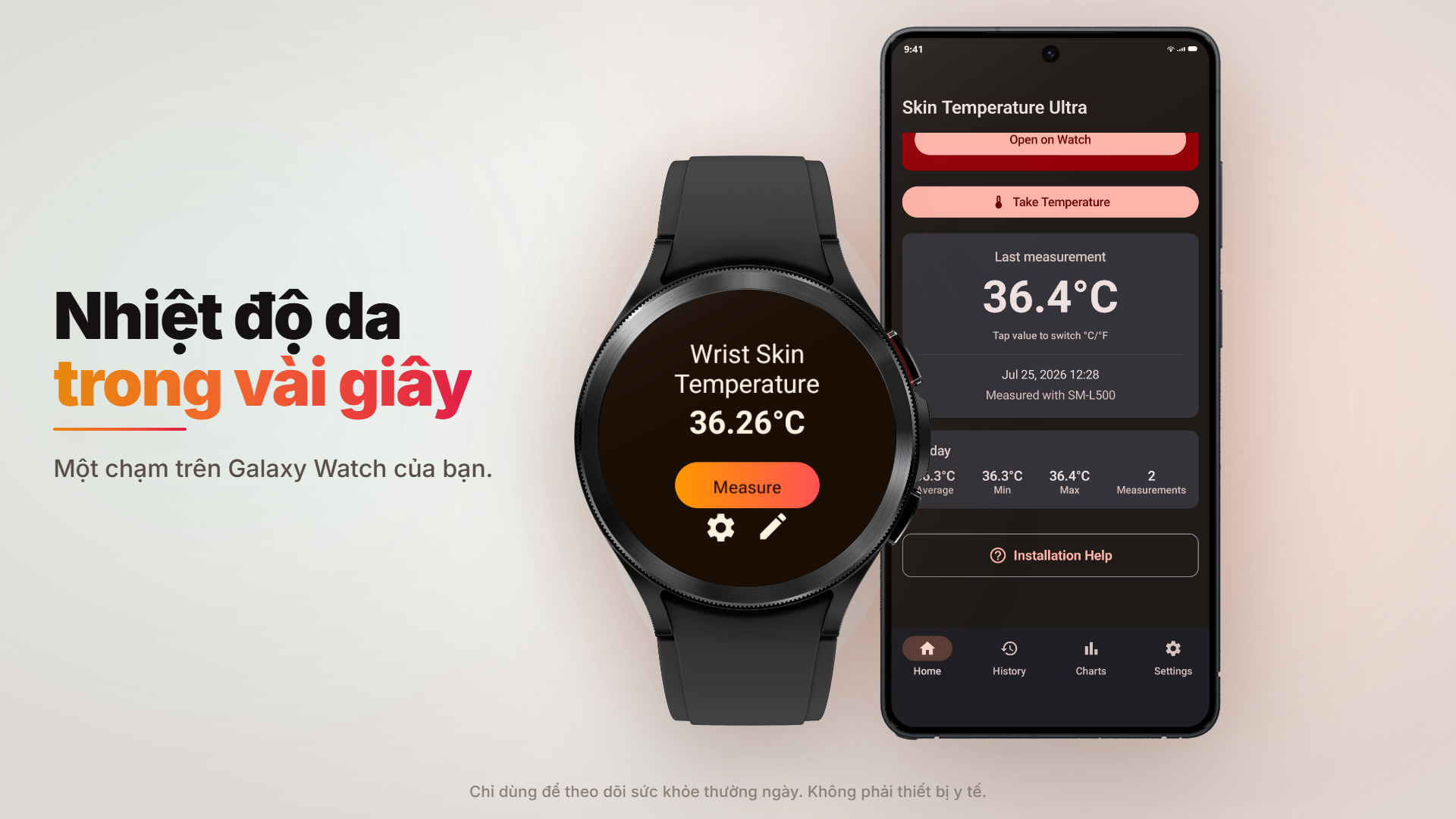 Hình ảnh chính thức của Body Temperature - Thermometer cho thấy số đo nhiệt độ da cổ tay trên Galaxy Watch tương thích và màn hình ứng dụng trên điện thoại