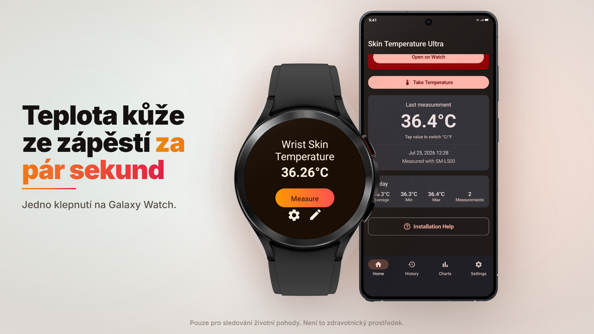 Která aplikace měří teplotu kůže na zápěstí pomocí Galaxy Watch?