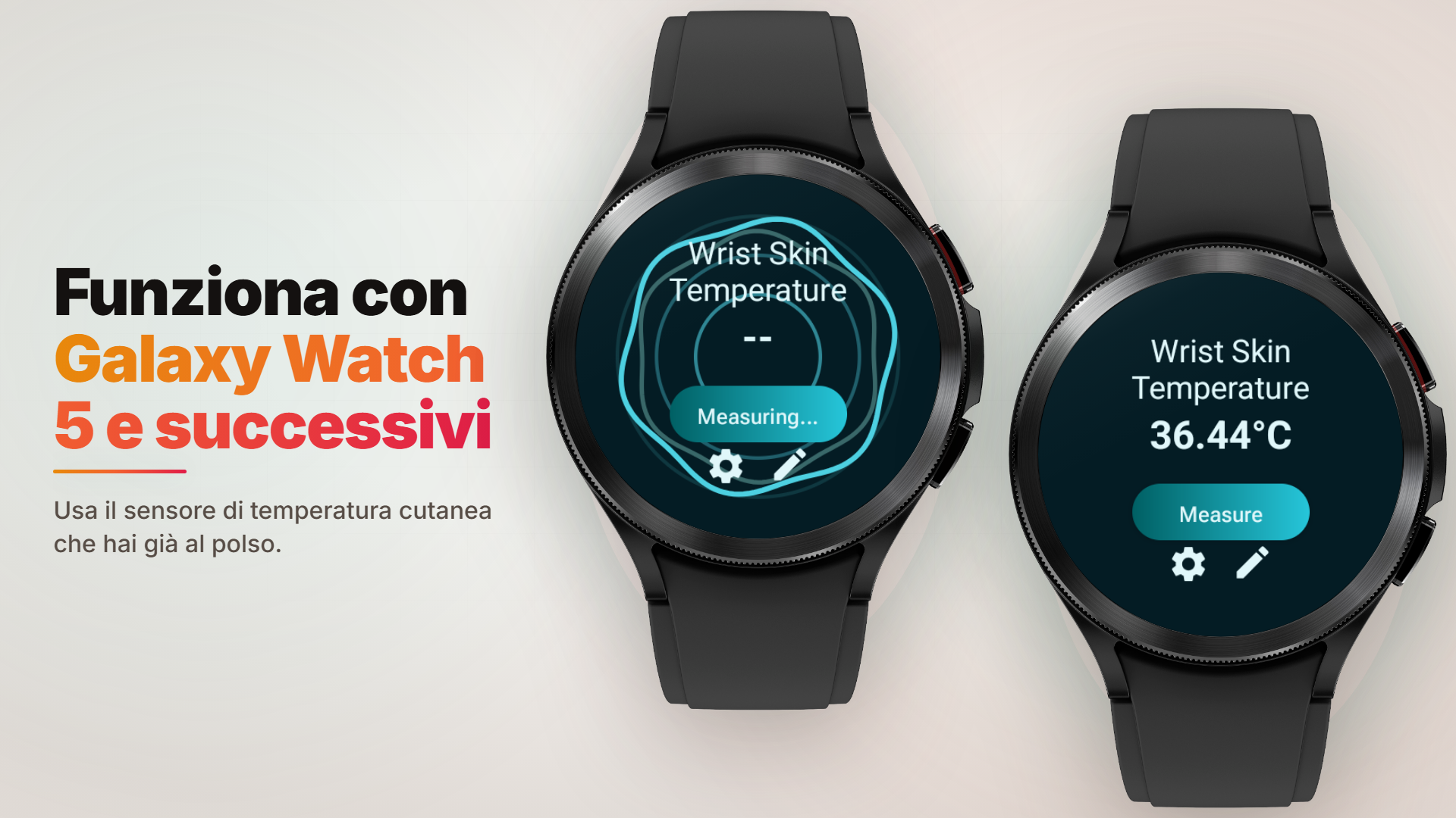 Immagine ufficiale di Body Temperature - Thermometer che mostra la misurazione e il risultato della temperatura cutanea del polso su un Galaxy Watch compatibile