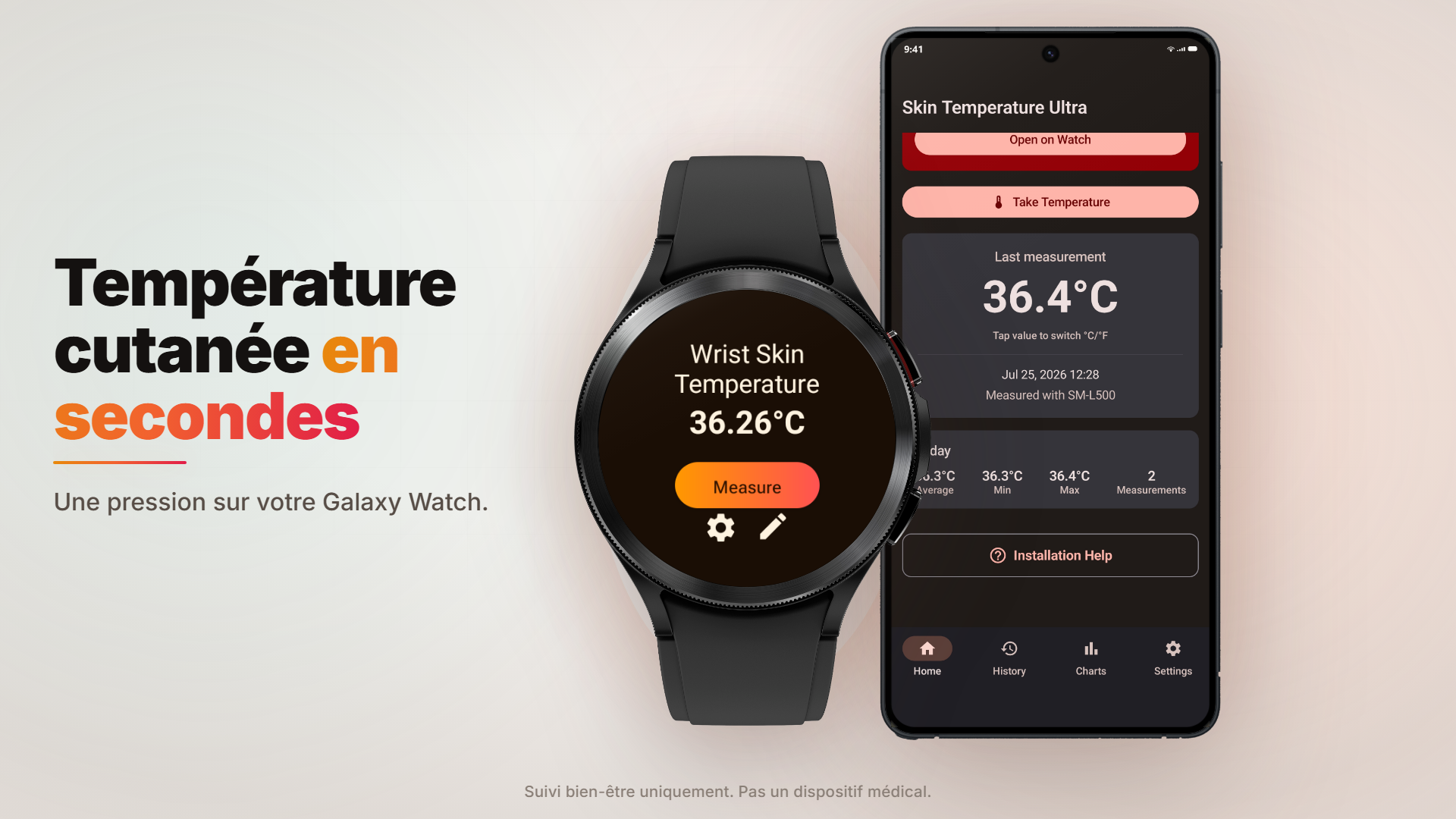 Image officielle de Body Temperature - Thermometer montrant une mesure de température cutanée du poignet sur Galaxy Watch et l’interface de l’app sur téléphone