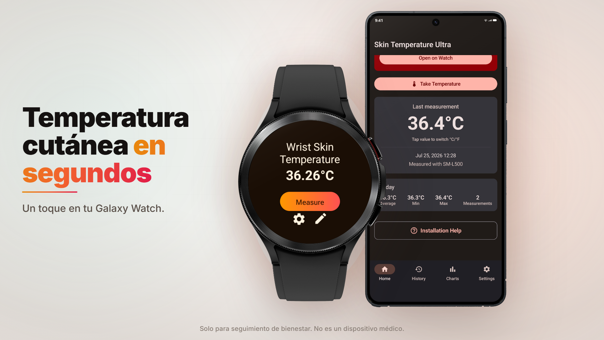 Imagen de tienda en español «Temperatura cutánea en segundos» con un Galaxy Watch y el botón Measure, junto a la aplicación complementaria del teléfono con la última medición y el resumen del día