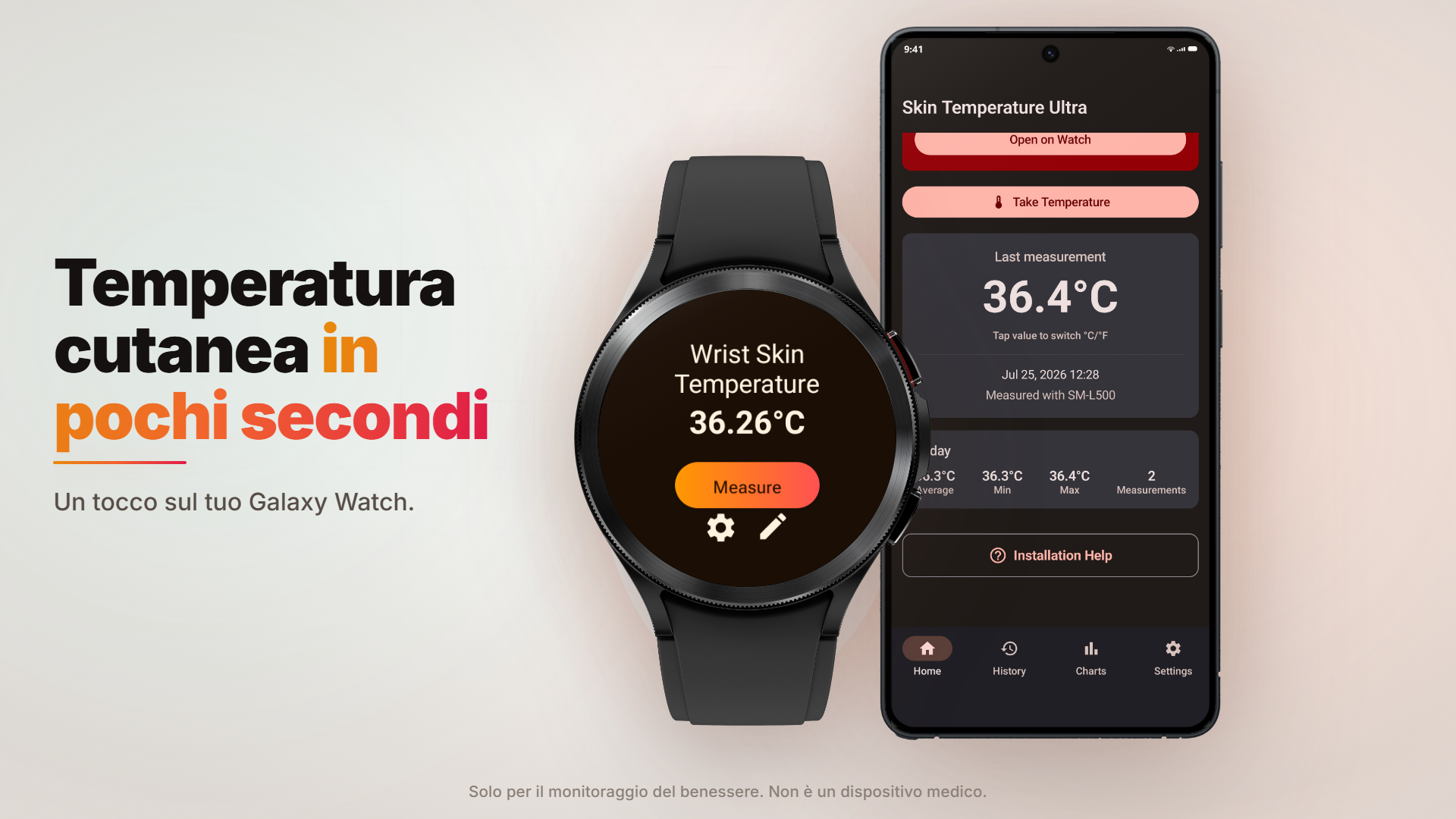 Immagine ufficiale di Body Temperature - Thermometer con una lettura della temperatura cutanea del polso su un Galaxy Watch compatibile e la schermata dell’app sul telefono
