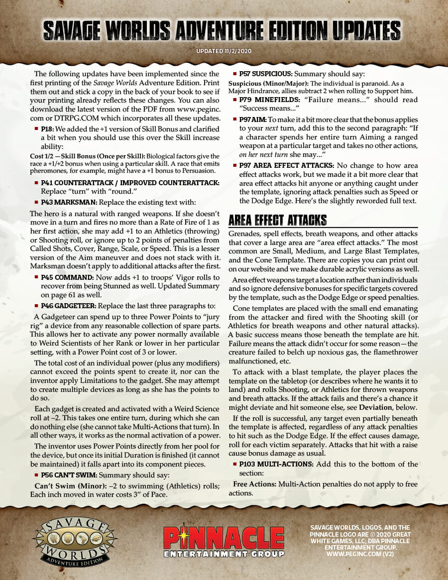 Savage Worlds Adventure Edition errata