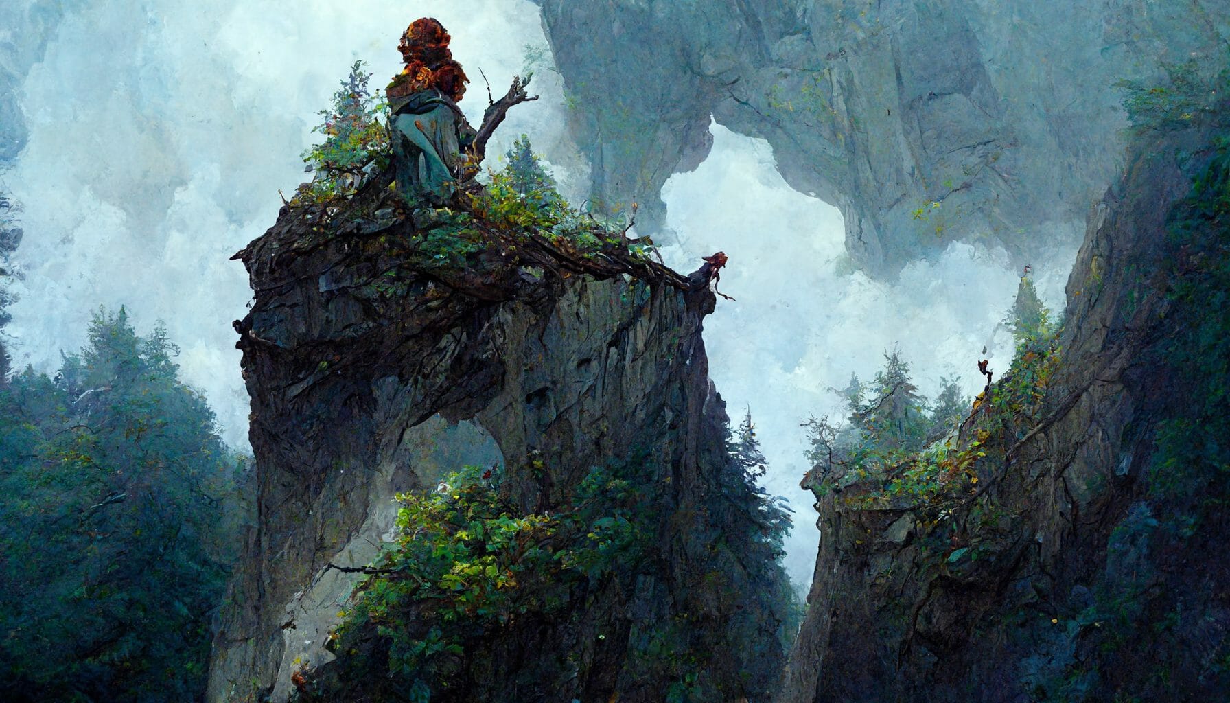 Potentially someone hiding on top of an outcrop in a woodland valley