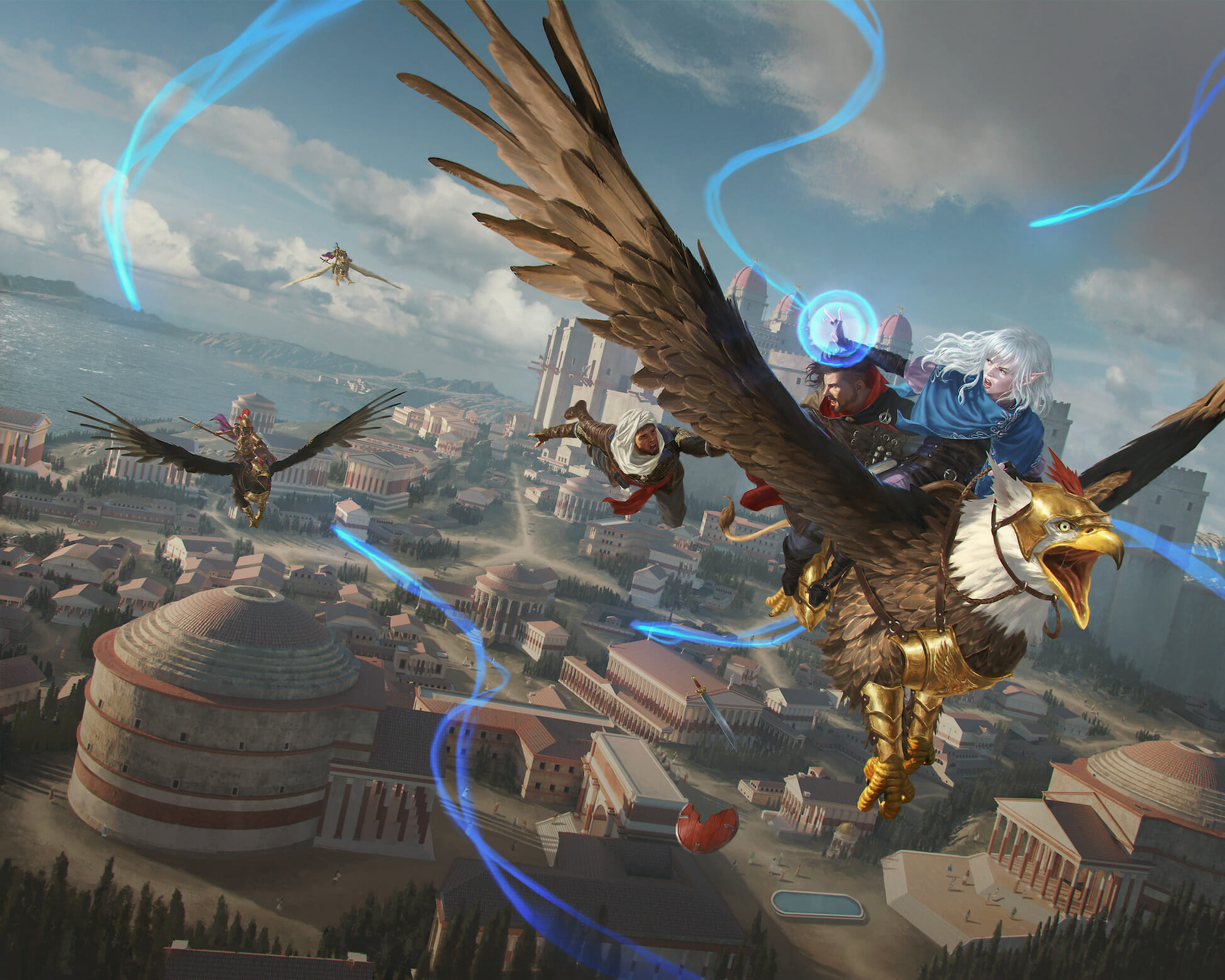 Griffon battle with magic over city