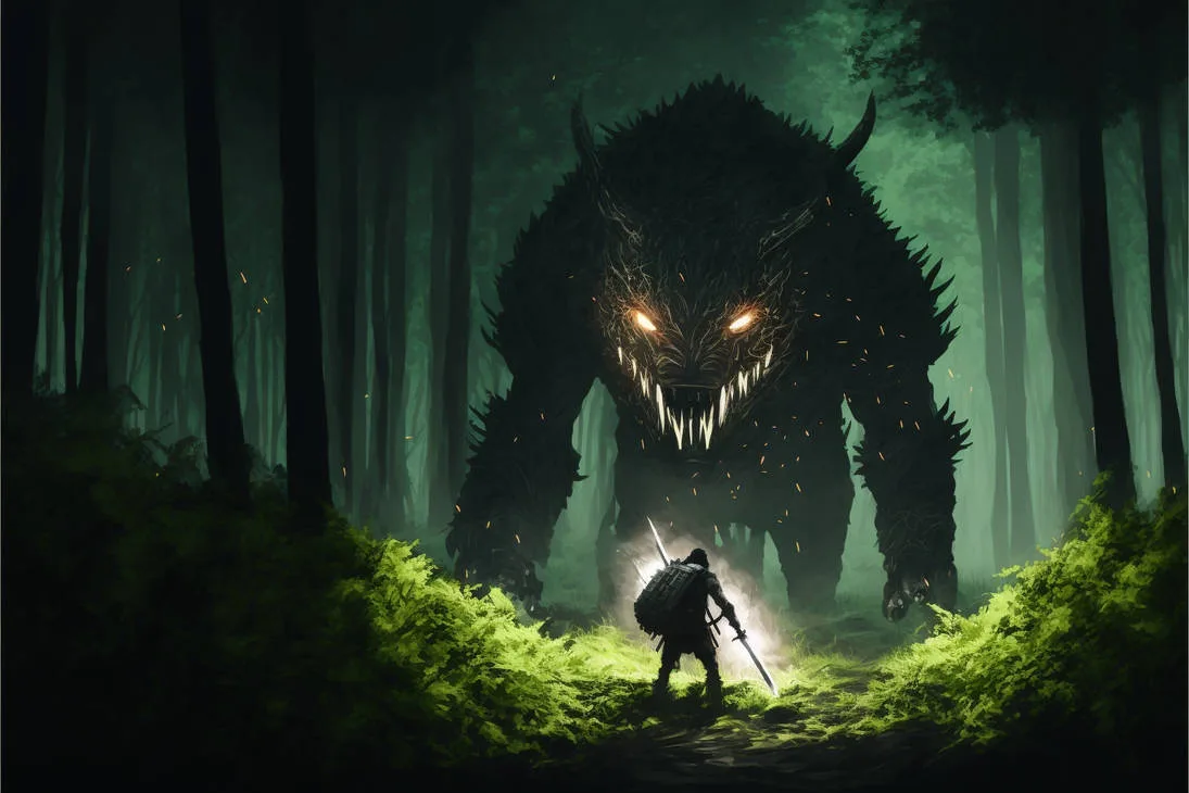 Warrior faces giant forest monster
