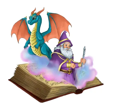 Dragon, book and wizard