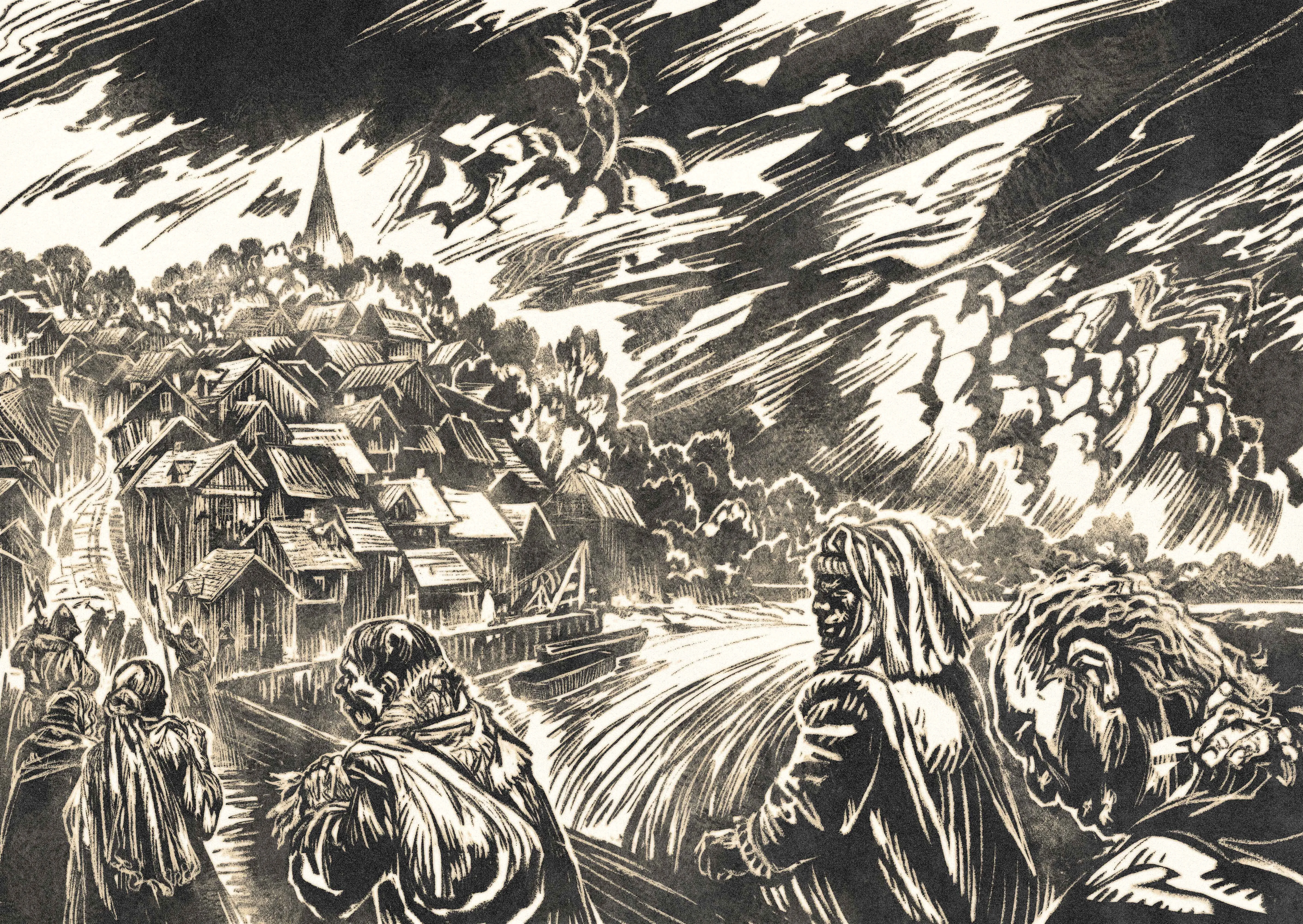 Black and white: peasants approach a town