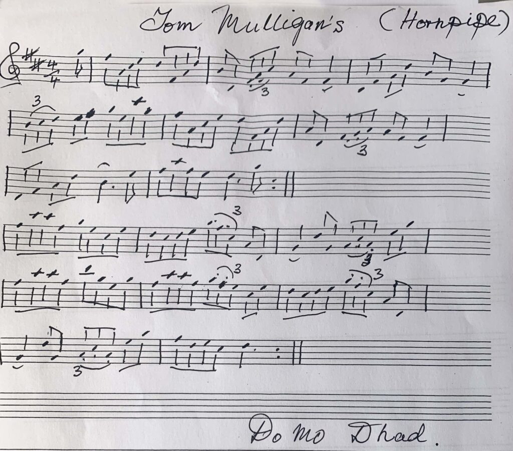 Notation for Tom Mulligan's hornpipe in Néillidh's own hand