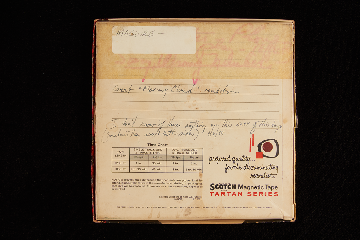 Reel-to-reel tape case with handwriting on it that reads: "Great 'Moving Cloud' rendition"