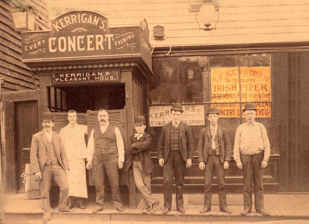 Men standing outside Kerrigan's bar