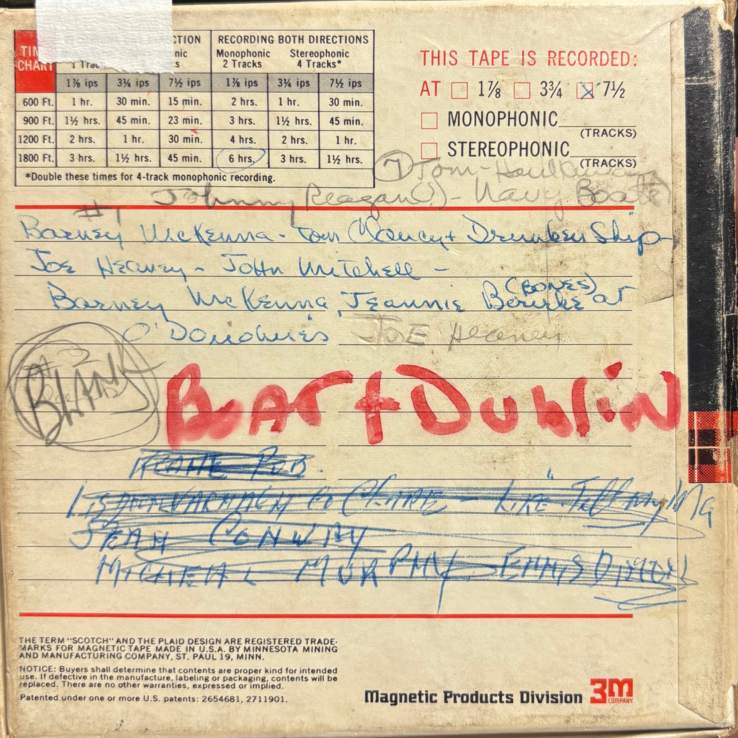 A reel-to-reel tape box with a number of names scribbled on it. Some of the names are hard to make out, but they include Barney McKenna and Joe Heaney.