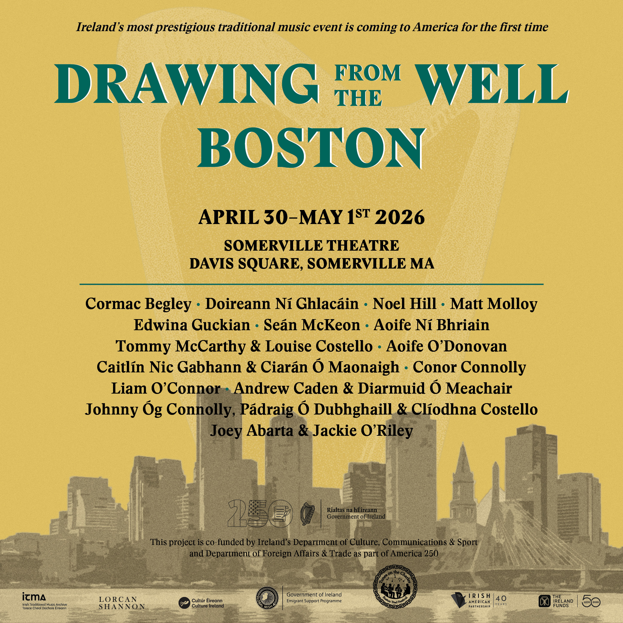 A yellow poster featuring the skyline of boston and a harp rising behind it. The poster says "Drawing from the Well: Boston' in green writing.