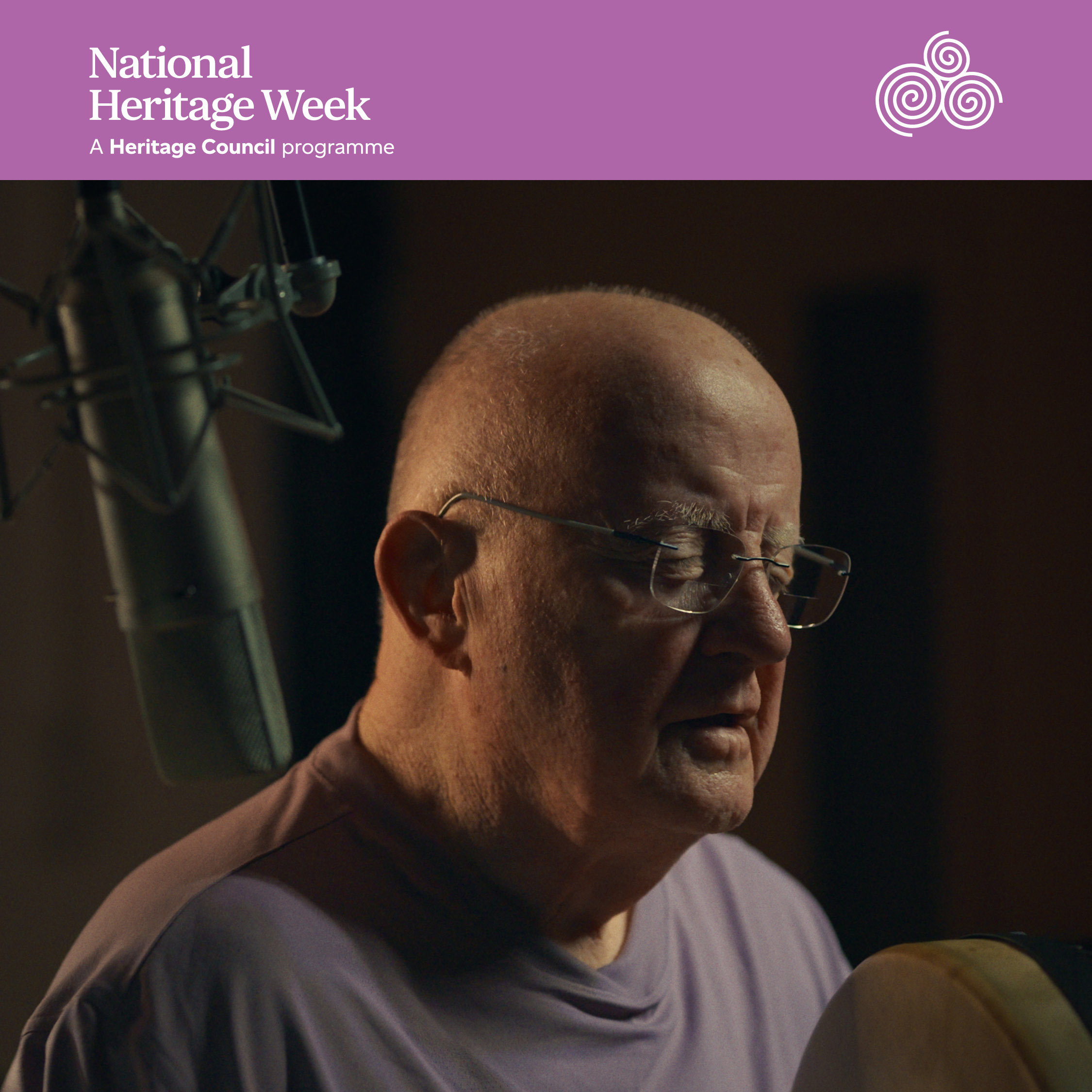 A photo of Christy Moore with a pink heading above it that says National Heritage Week