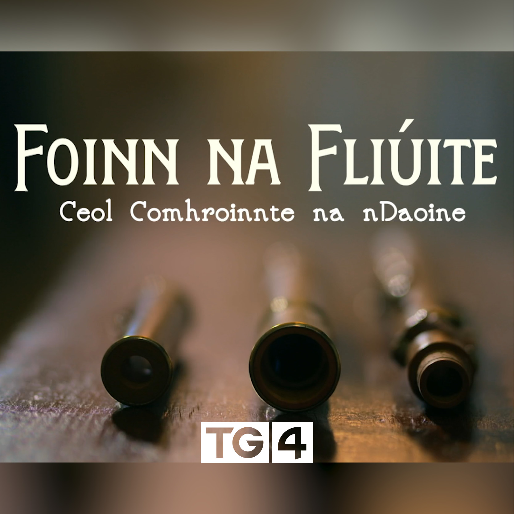 Flutes lying on a table with text above that reads 'Foinn na Fliúite - Ceol Comhroinnte na nDaoine'