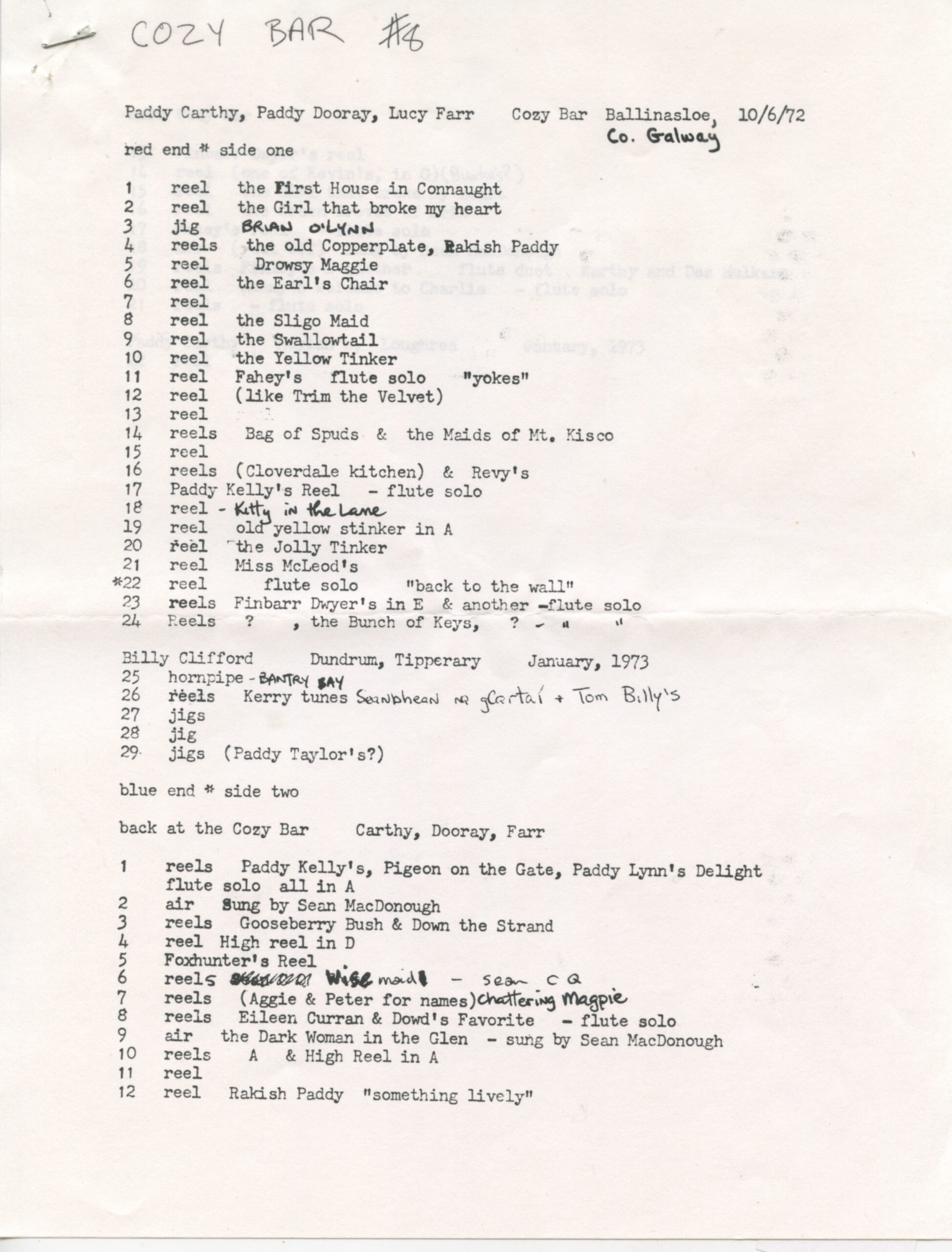 Set list with the names Paddy Carthy, Paddy Doorey and Lucy Farr from Cozy Bar in Ballinasloe 10/6/1972