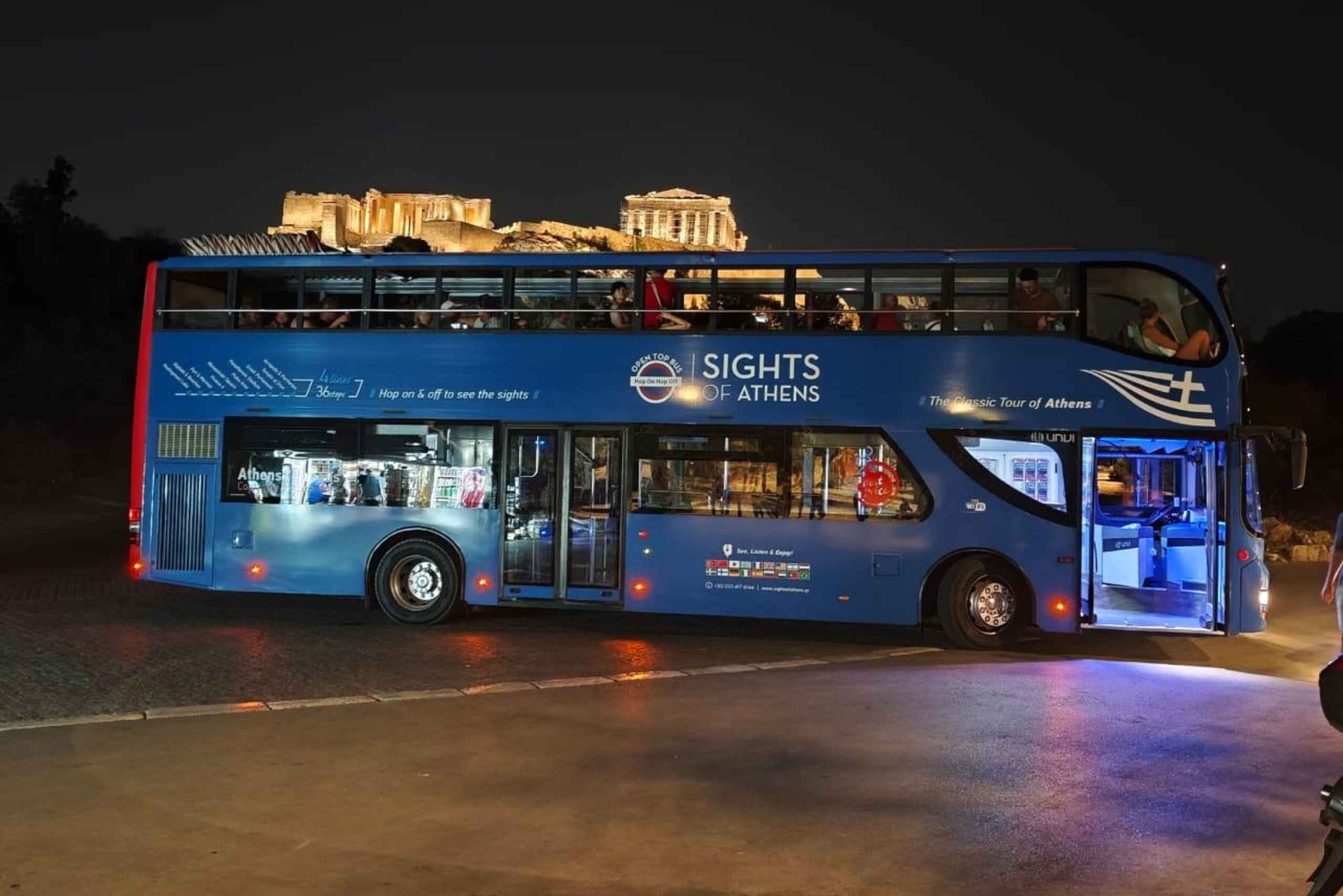 Panorama-Tour durch Athen bei Nacht im offenen Doppeldeckerbus