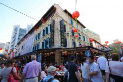 Chinatown busy streets and charming shophouses in Singapore