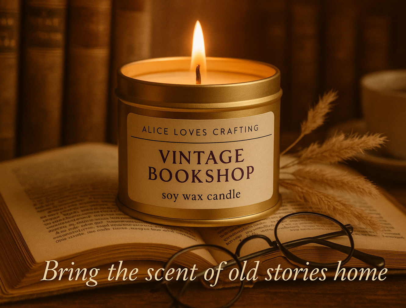 Vintage Bookshop Soy Wax Candle: Leather, Bergamot & Sandalwood in Gold Tin
