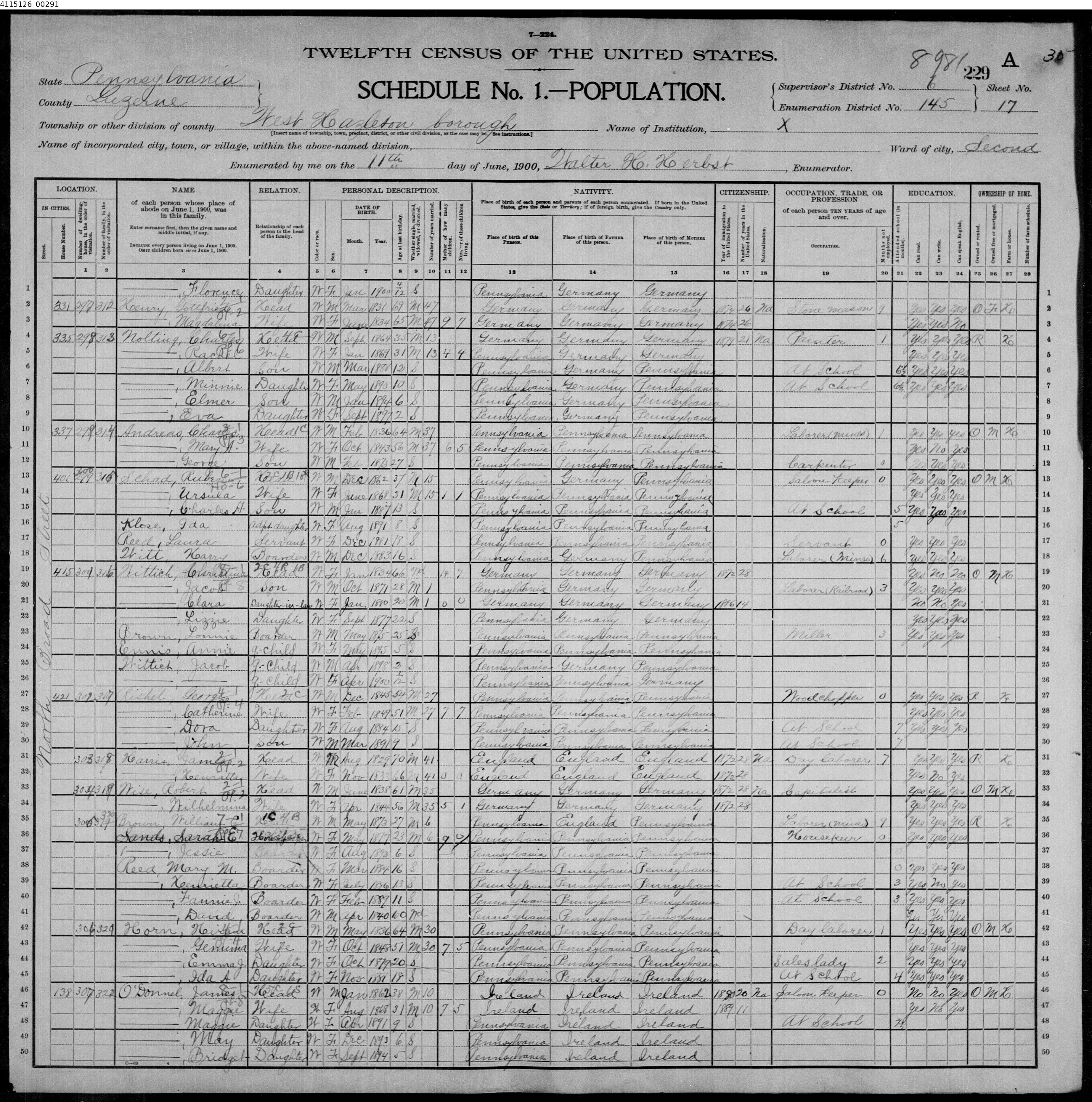 1900 US Census O'Donnell