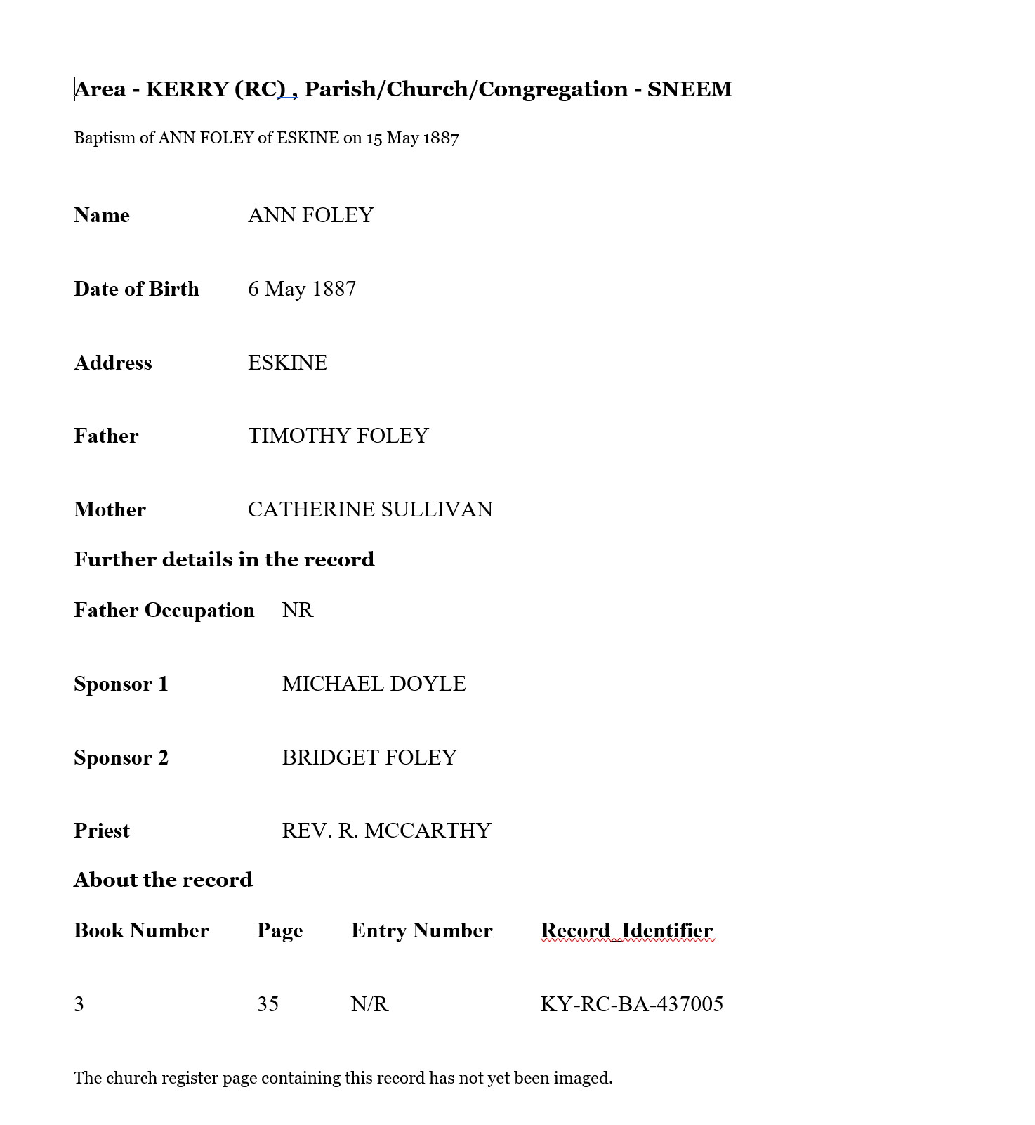 Ann Foley Baptism Info