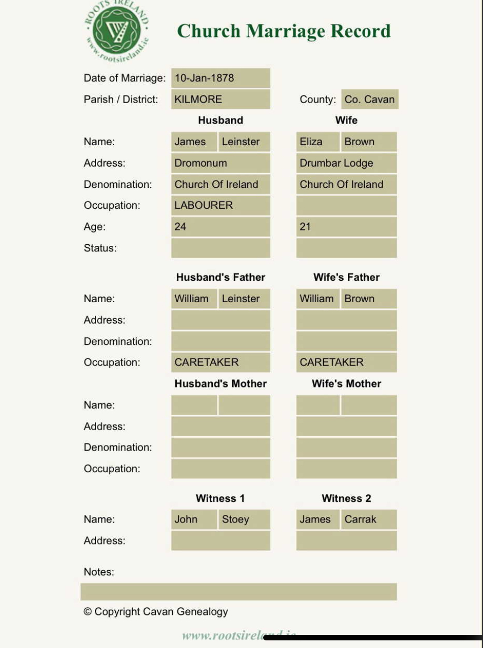 Marriage Certificate of James Leinster & Elizabeth Brown
