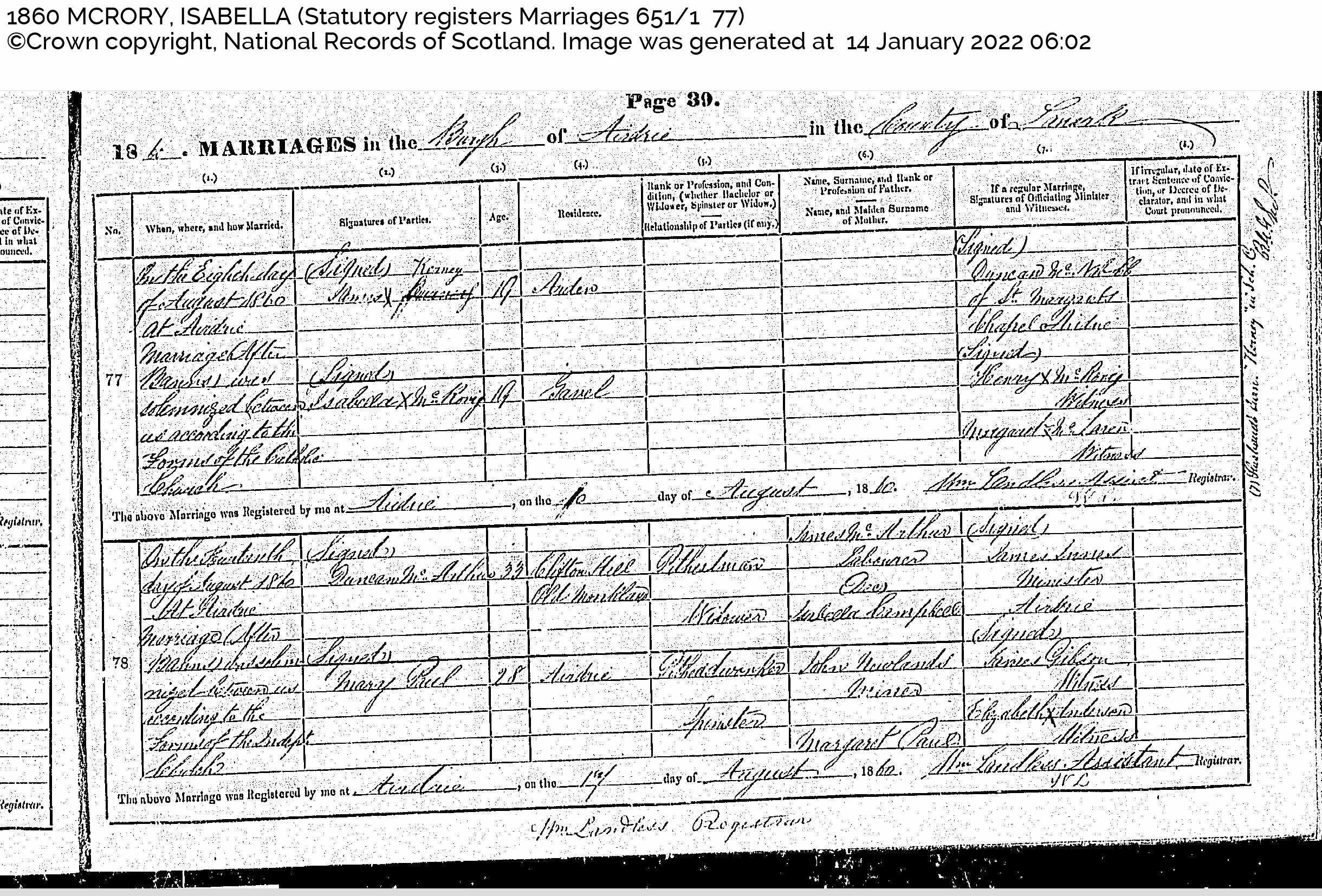 James marriage to Isabella Mcrory