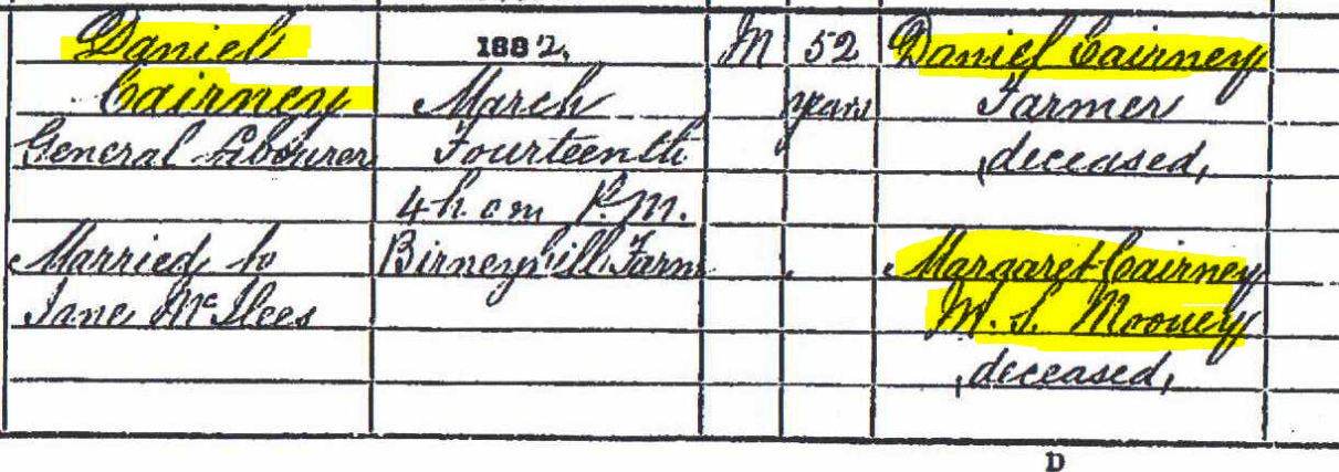 Death record of Daniel Cairney , The Father of James Cairney 