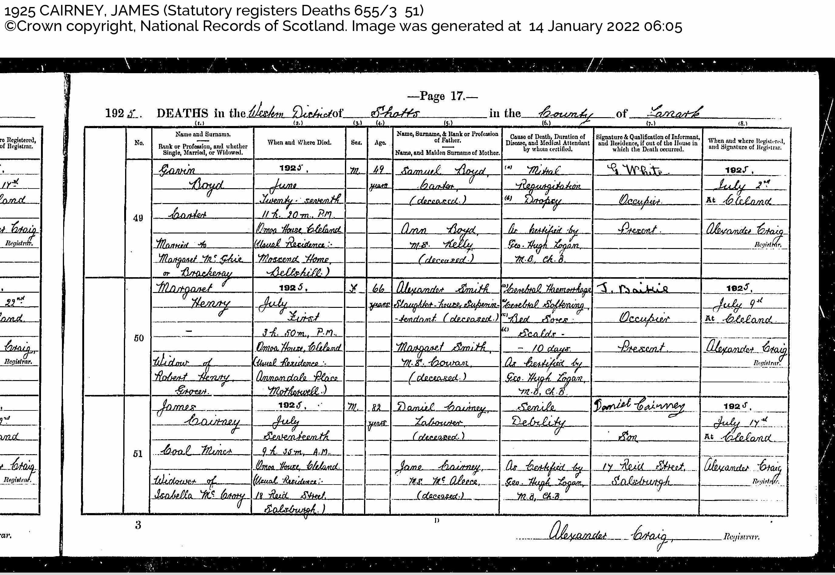Death record of james with his parents recorded on there
