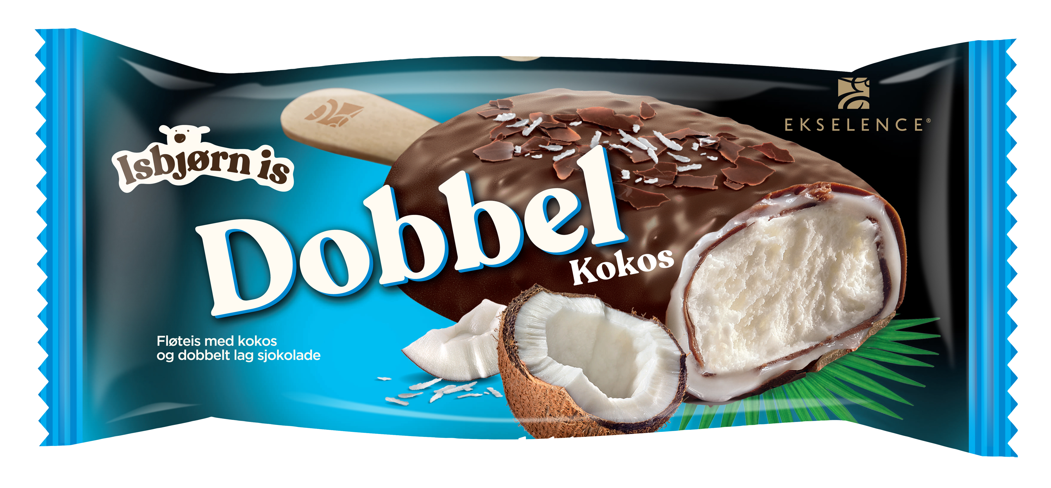 Fløteis med kokossmak, dyppet i kokossaus, revet kokos og melkesjokoladeovertrekk.