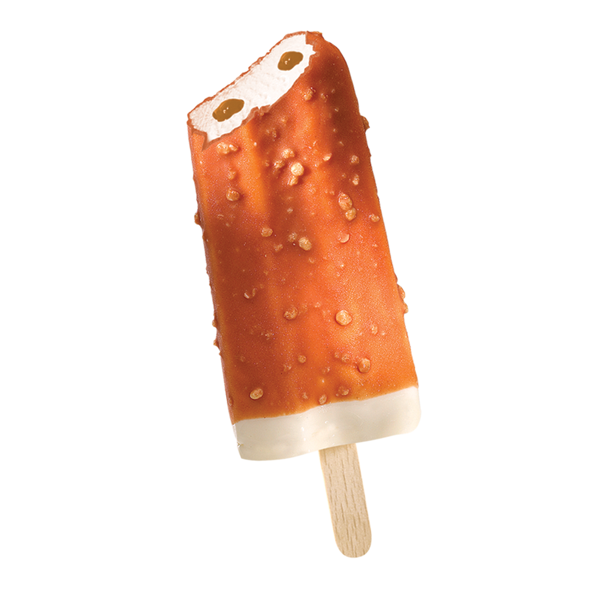 Fløteis med vaniljesmak, karamellsaus og karamellovertrekk med crisp.