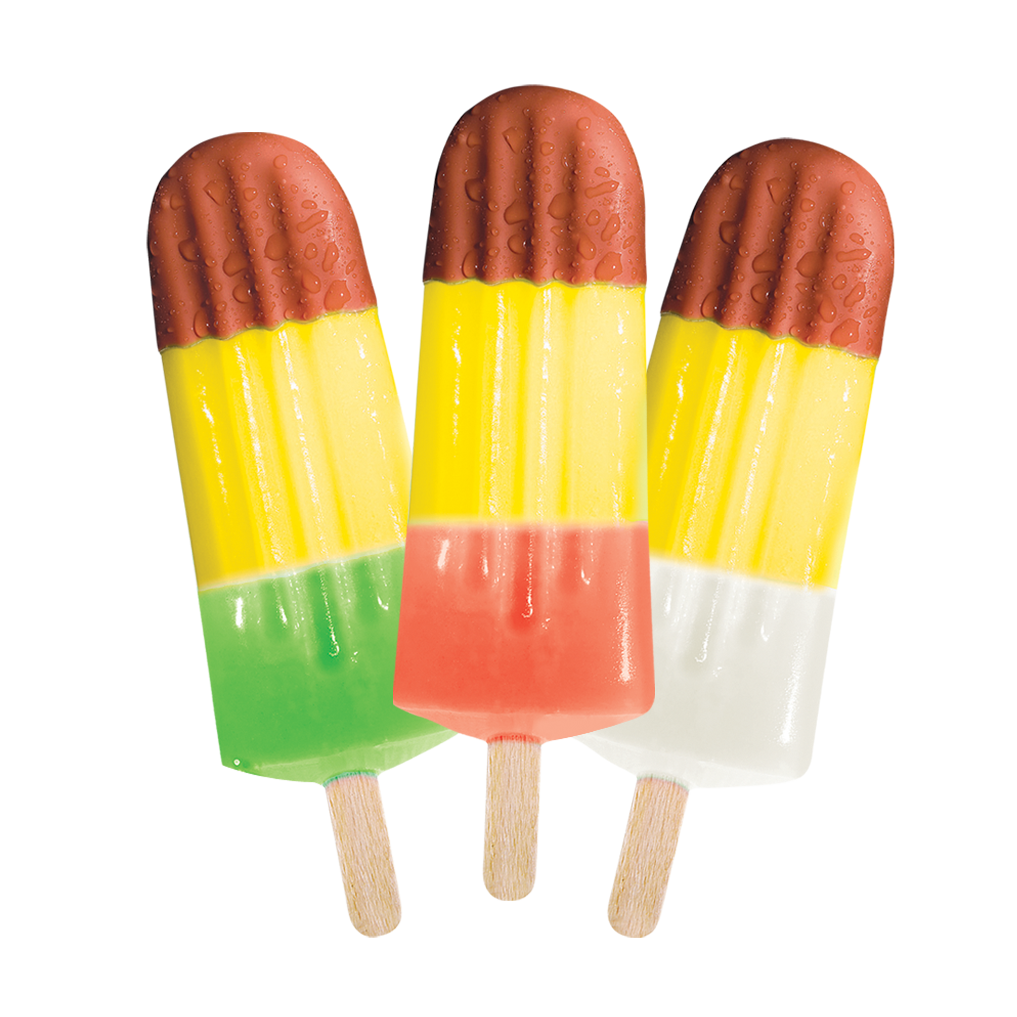 Vannis med smak av sitron, pære, jordbær og ananas toppet med sjokoladeovertrekk.