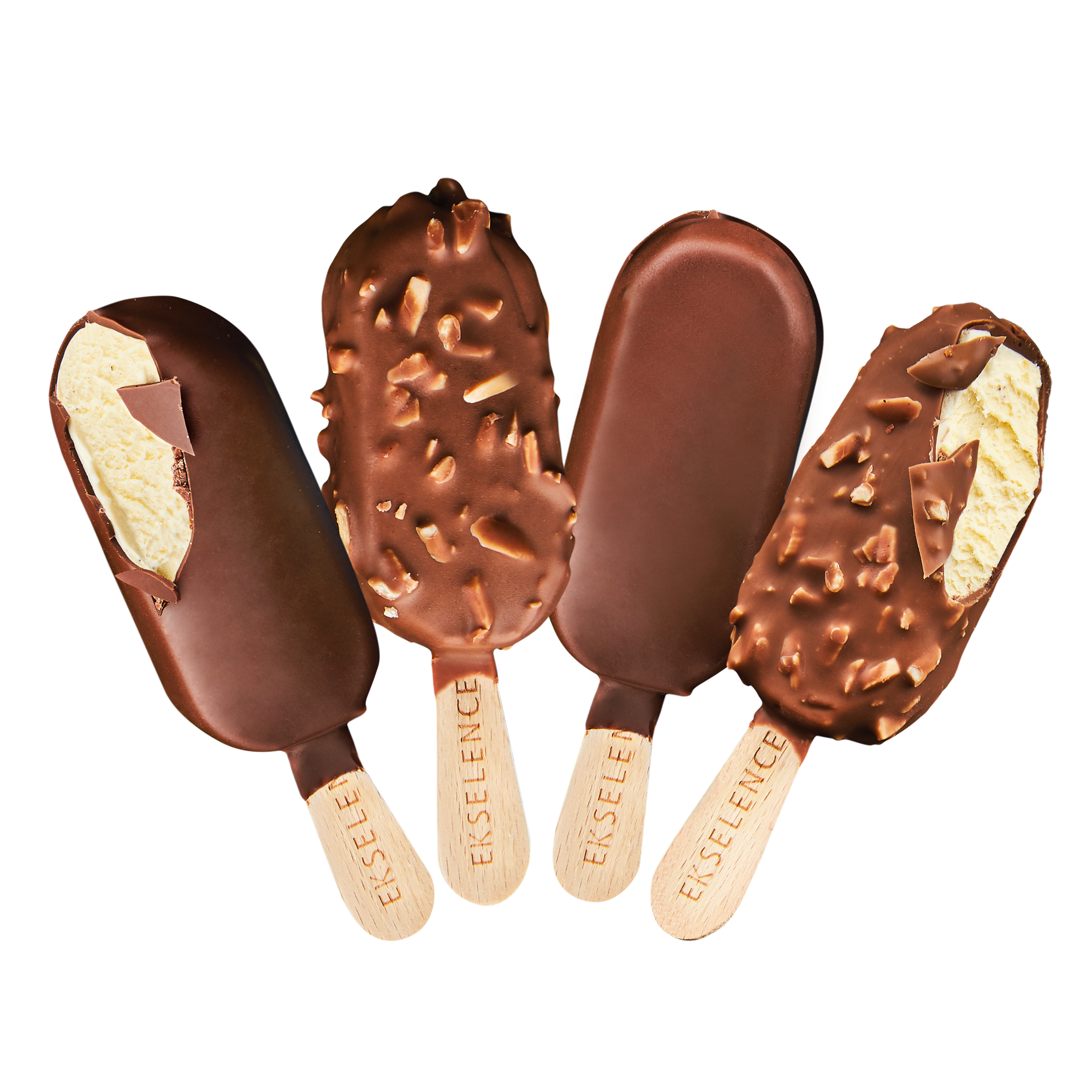 Assorterte mini ispinner med sjokoladetrekk av sjolode og mandelsjokolade