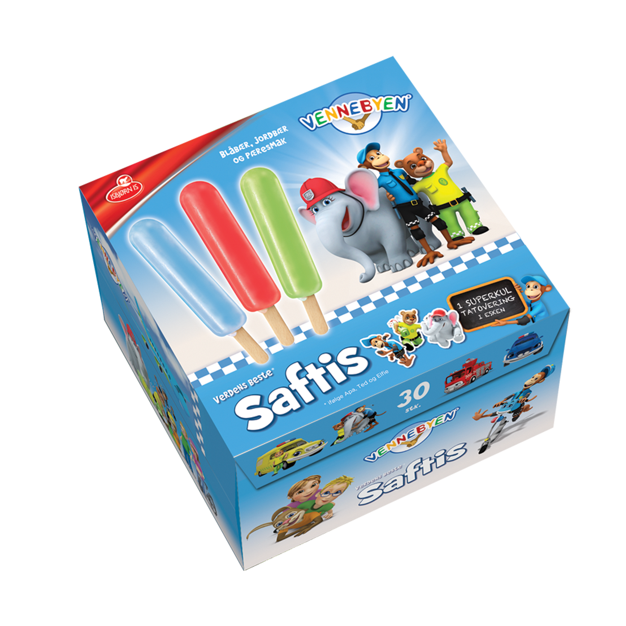 30 saftispinner med smak av blåbær, jorbær og pæresmak. 1 superkul tatovering i hver eske.