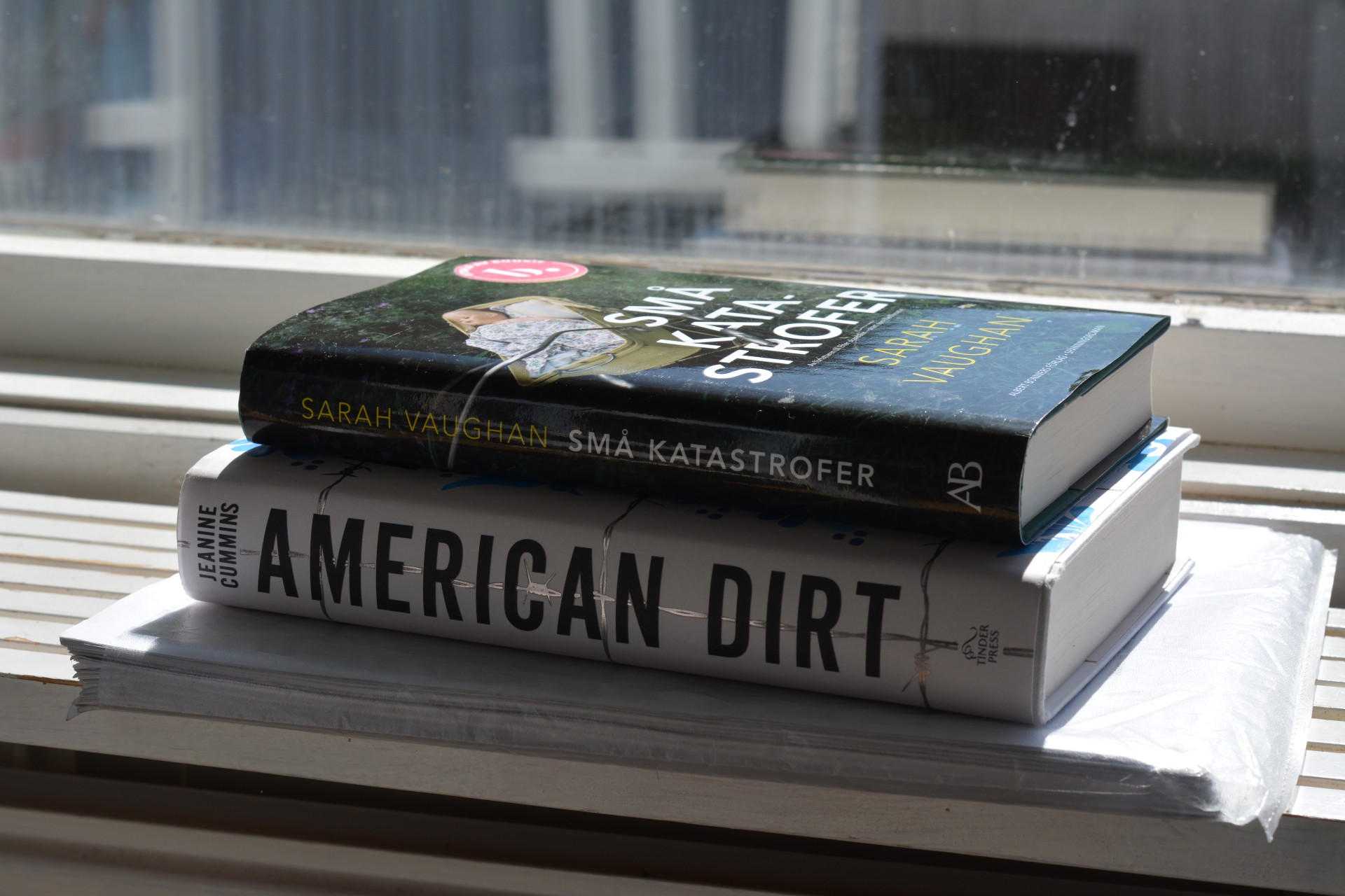 Små katastrofer av Sarah Vaughan och American dirt av Jeanine Cummins och råmanus till Drömma vaken av Ulrika Nettelblad. I ett fönster i solljus, lite motljus.