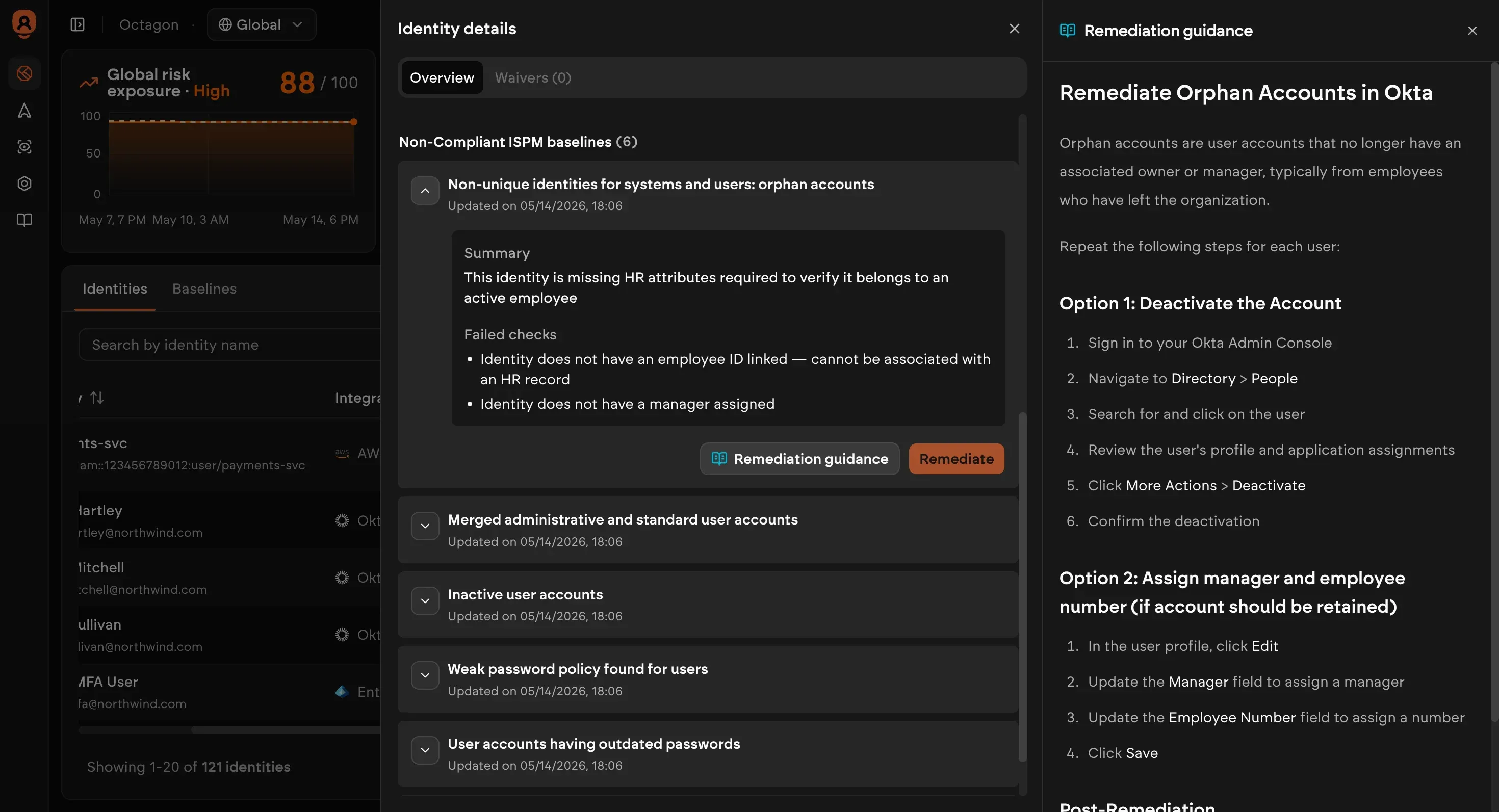 Octagon identity detail view showing individual risk score, permissions, group memberships, active sessions and one-click remediation actions for a specific user account