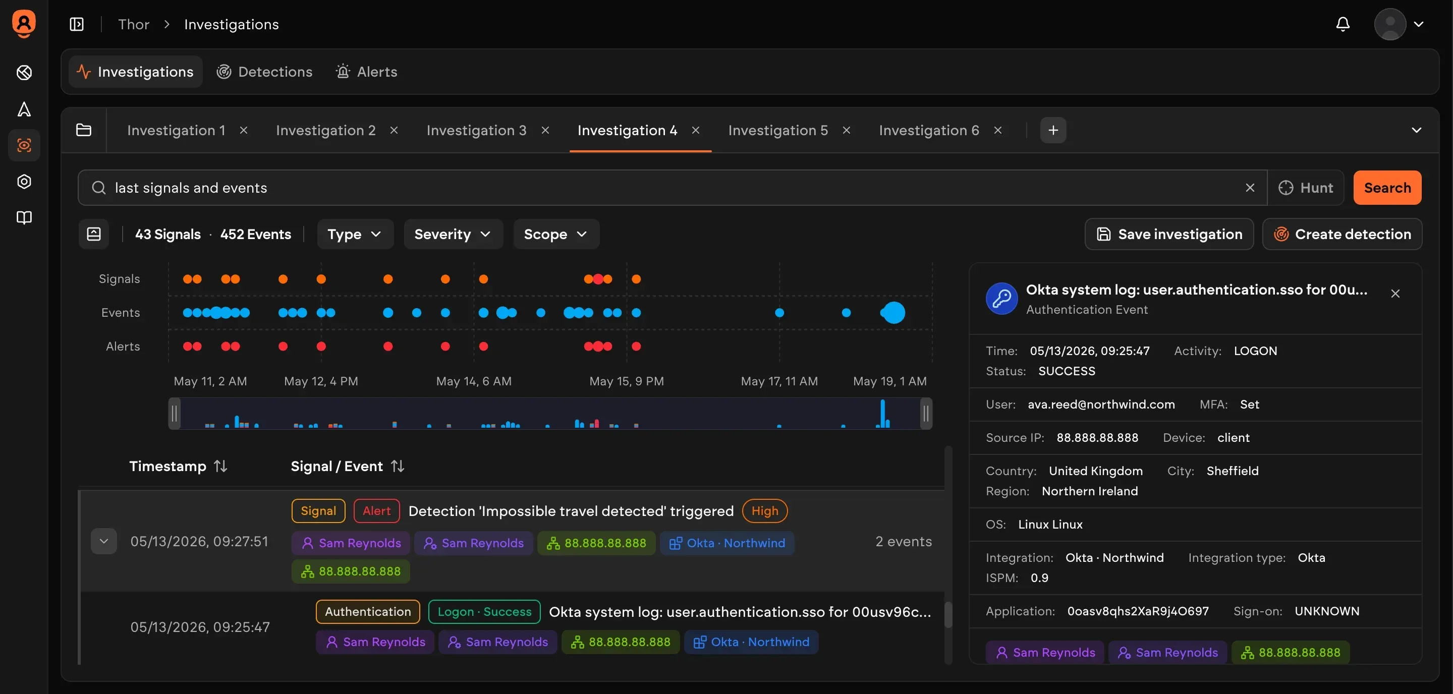 Thor entity investigation view showing identity graph — nodes representing identities, sessions, IPs and resources connected by events and alerts to map complex attack paths