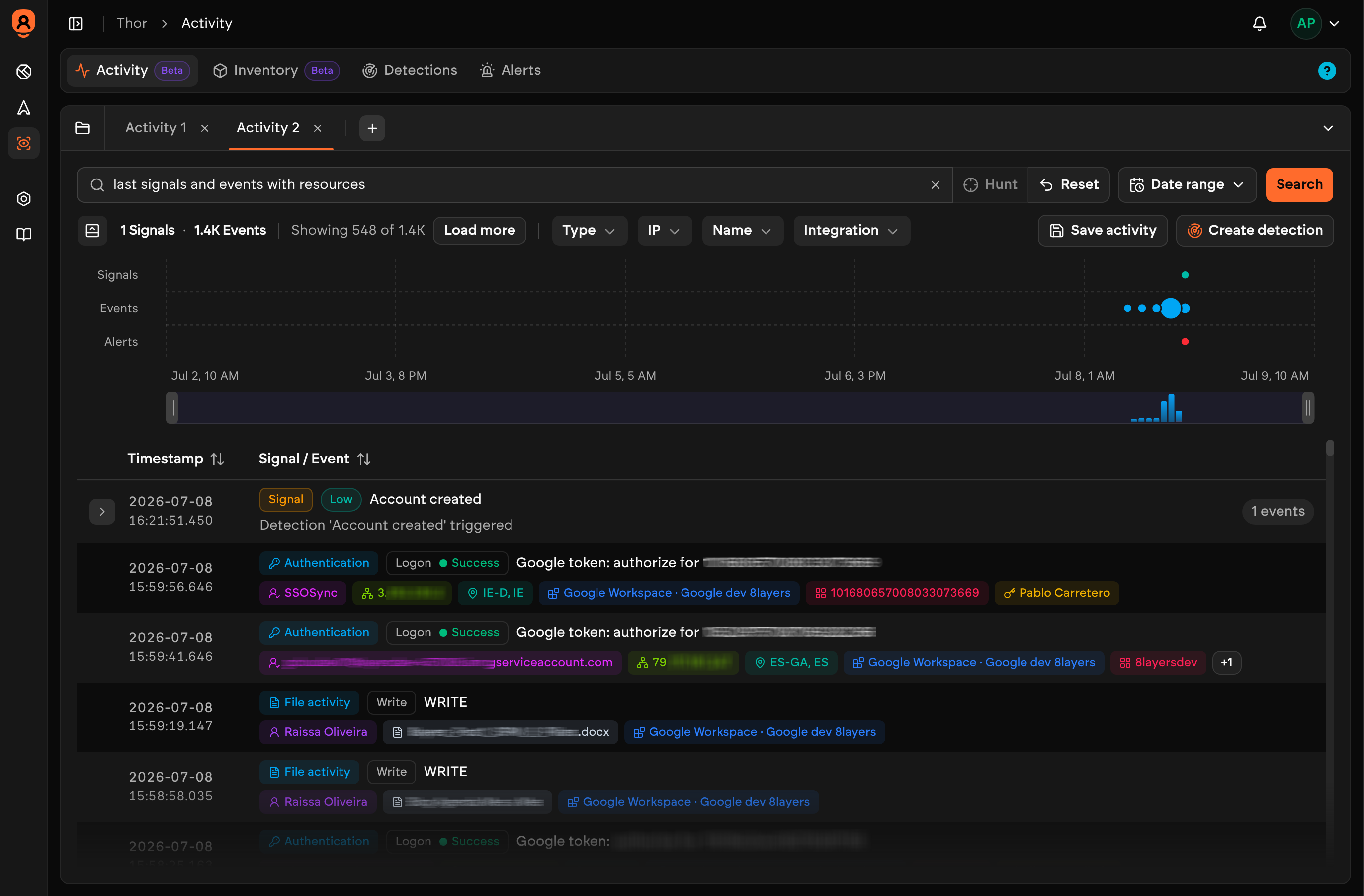 Activity workspace — threat hunting across signals and events