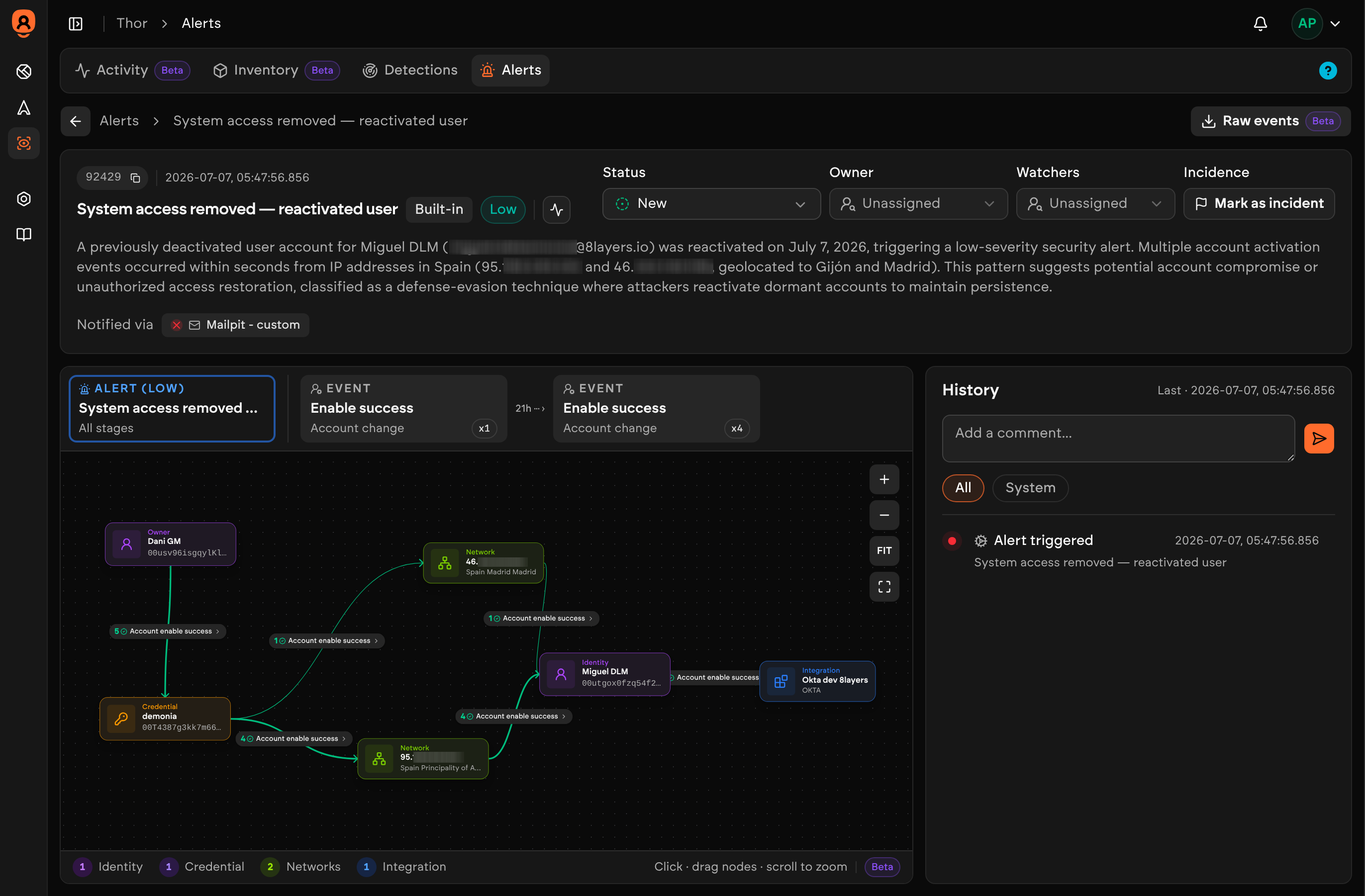 Alert detail with the identity graph reconstructing the attack path