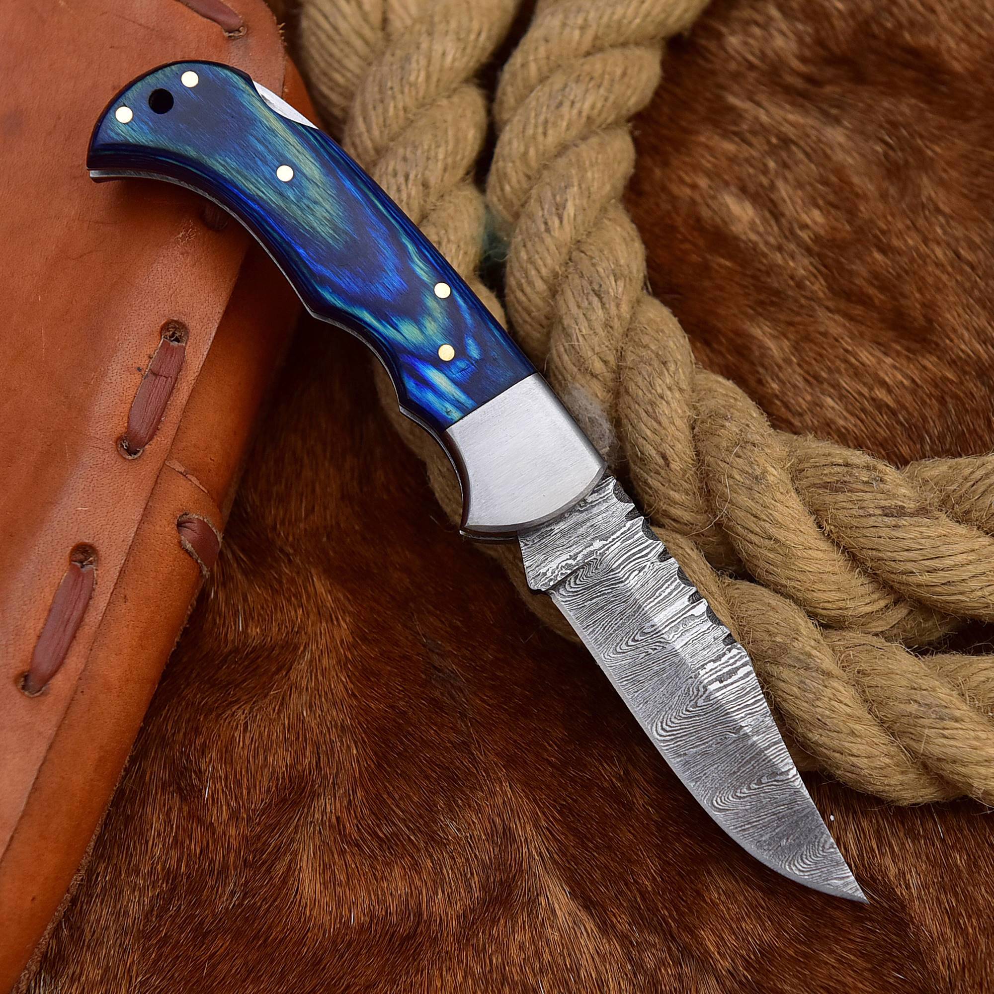 Handmade Blue Folding Knife With Wooden Hand Grip image